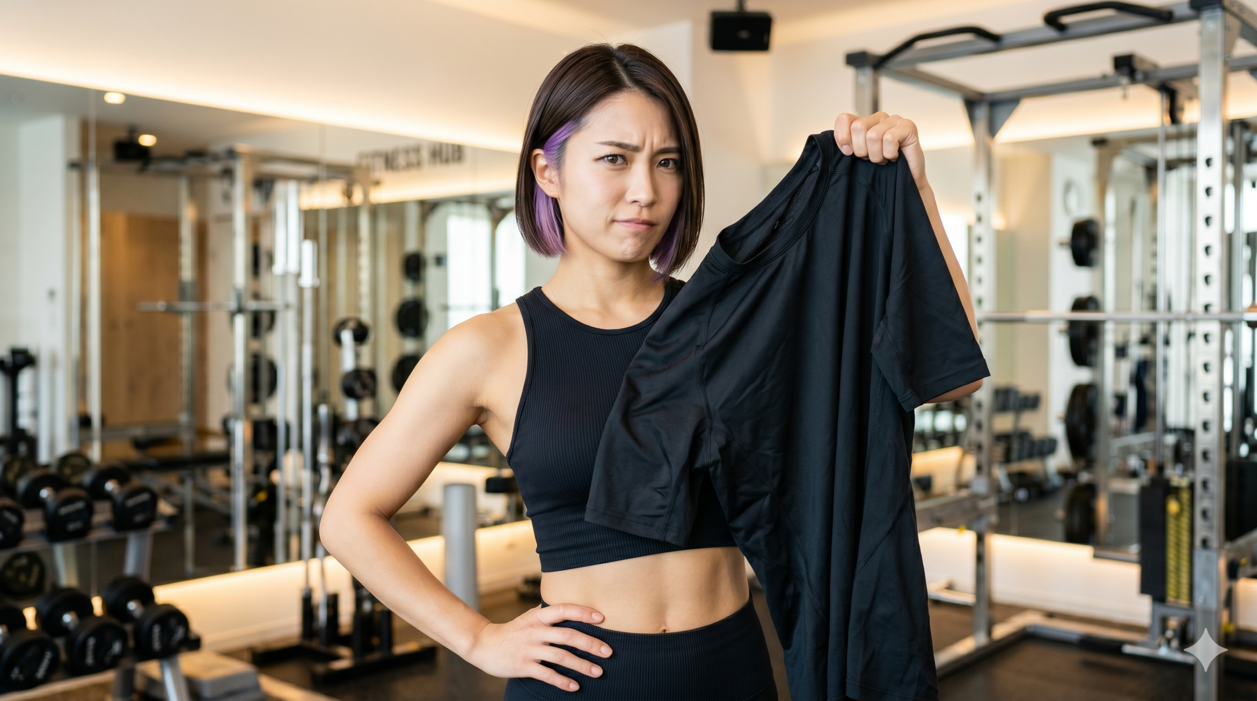 加圧シャツを掲げて疑いの表情を浮かべるフィットネス女性