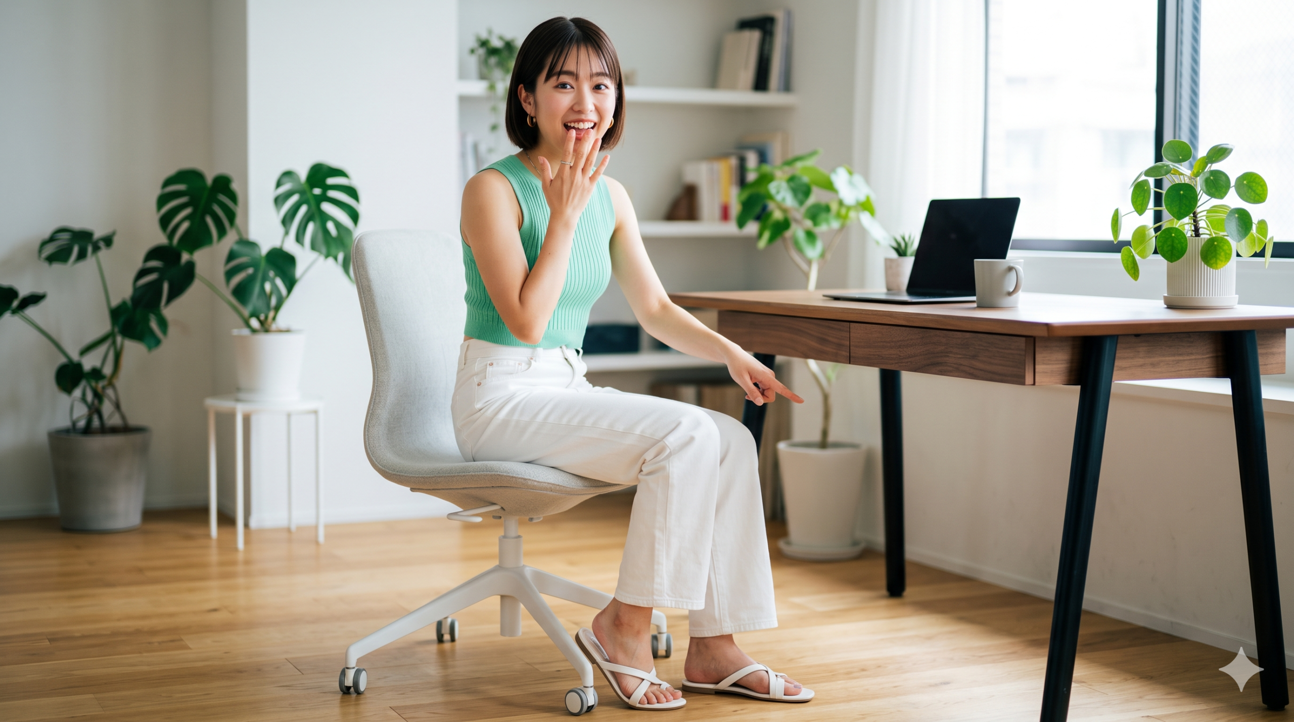 明るいホームオフィスで椅子に座り、ミントグリーンのリブニットを着た日本人女性が、かかとを浮かせた自分の足を指差して驚き喜んでいる様子