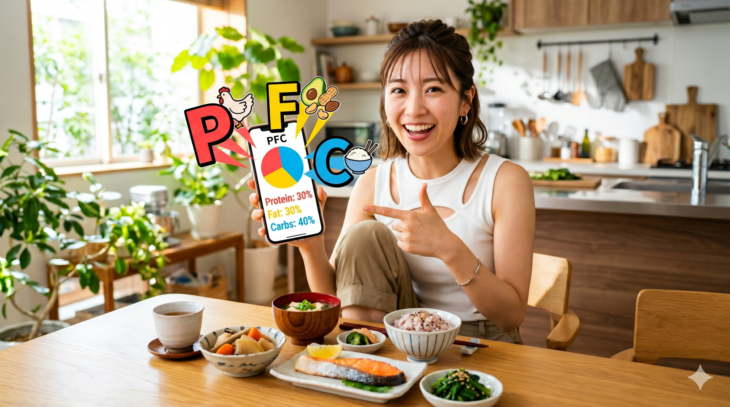 健康的な和定食とPFCバランスアプリを紹介する日本人女性 PFCアプリを手に持ち、手前の和食を指差して笑う日本人女性