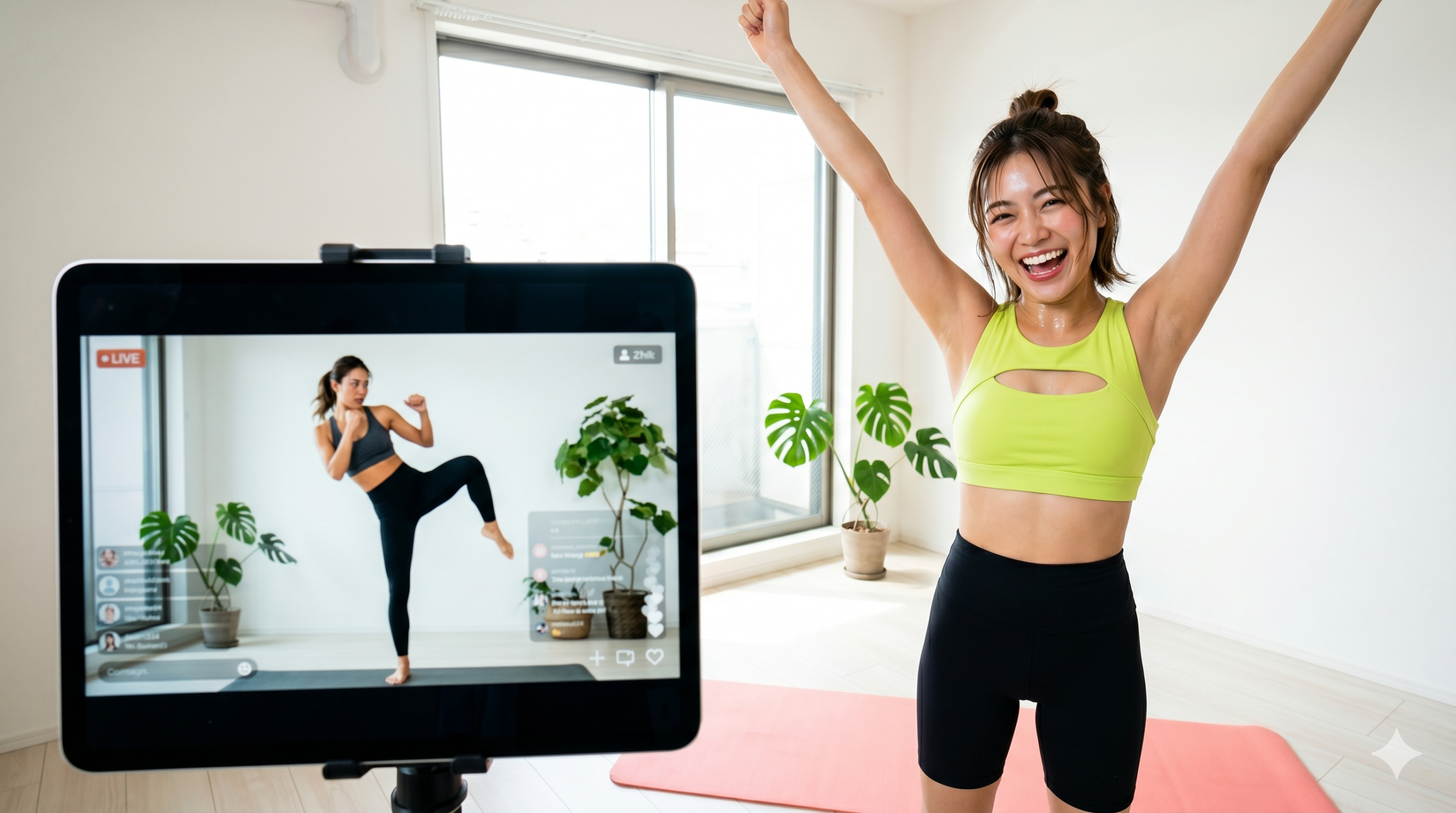 オンラインフィットネスを終えて笑顔で喜ぶ若い女性手前にはフィットネスのライブレッスン画面が映るiPadが置かれ、その後ろでワークアウトを終えて満面の笑みで両手を挙げる若い女性。