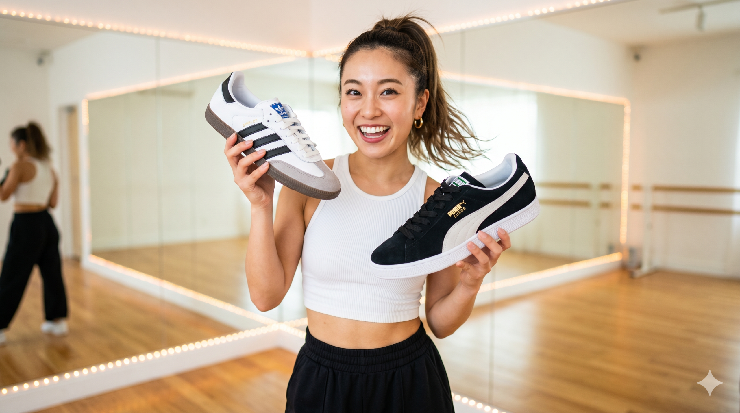 ダンススタジオで、アディダスのサンバとプーマのスウェードの2足のスニーカーを両手に持ち、嬉しそうな笑顔を見せるスポーティな服装の若い女性
