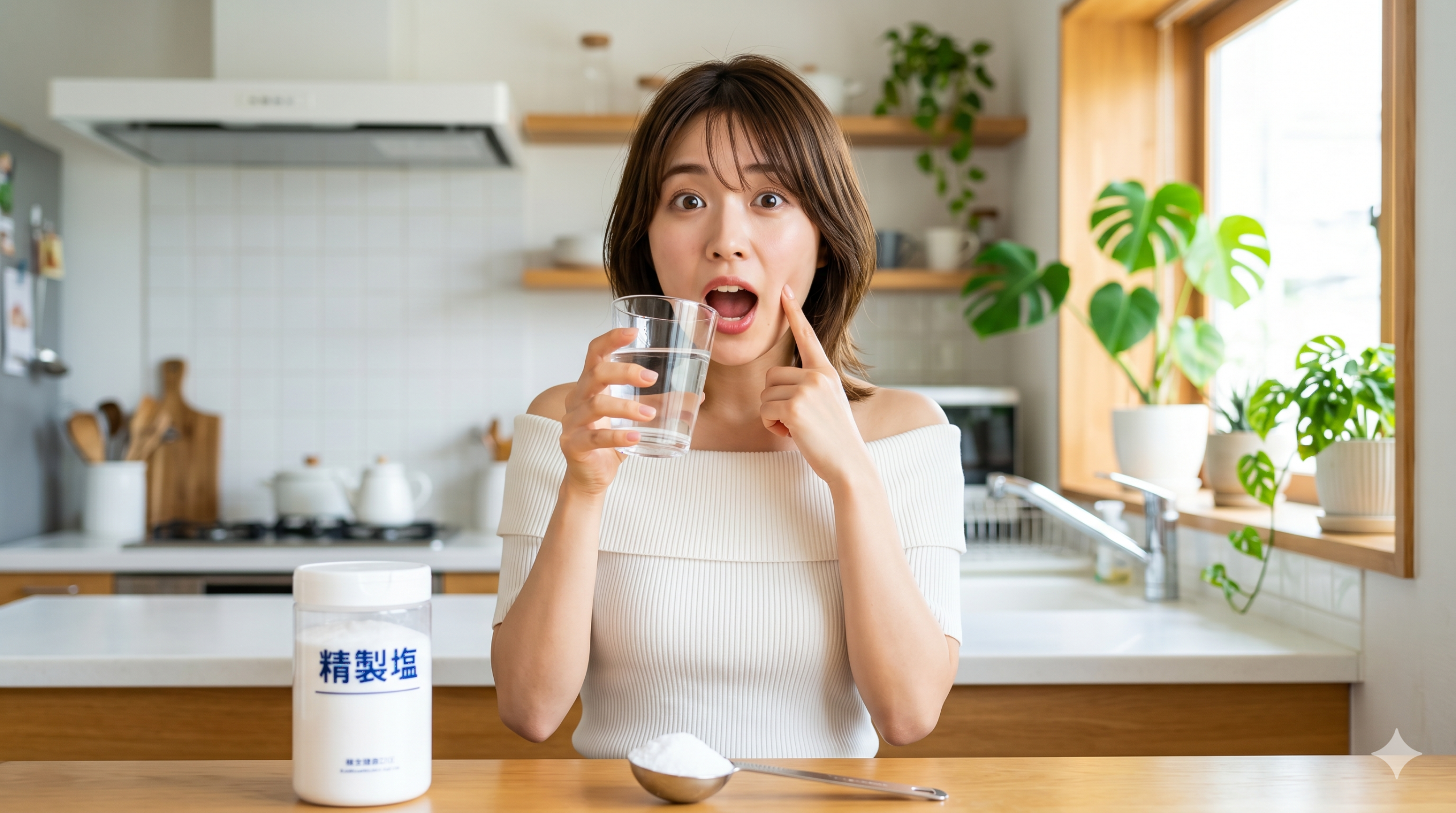 塩水うがいに驚く日本人女性とキッチンカウンターの精製塩 明るいキッチンで、驚いた表情の日本人女性が水のグラスを持ち、頬を指差している。手前には精製塩の容器と塩の盛られたスプーンがある。
