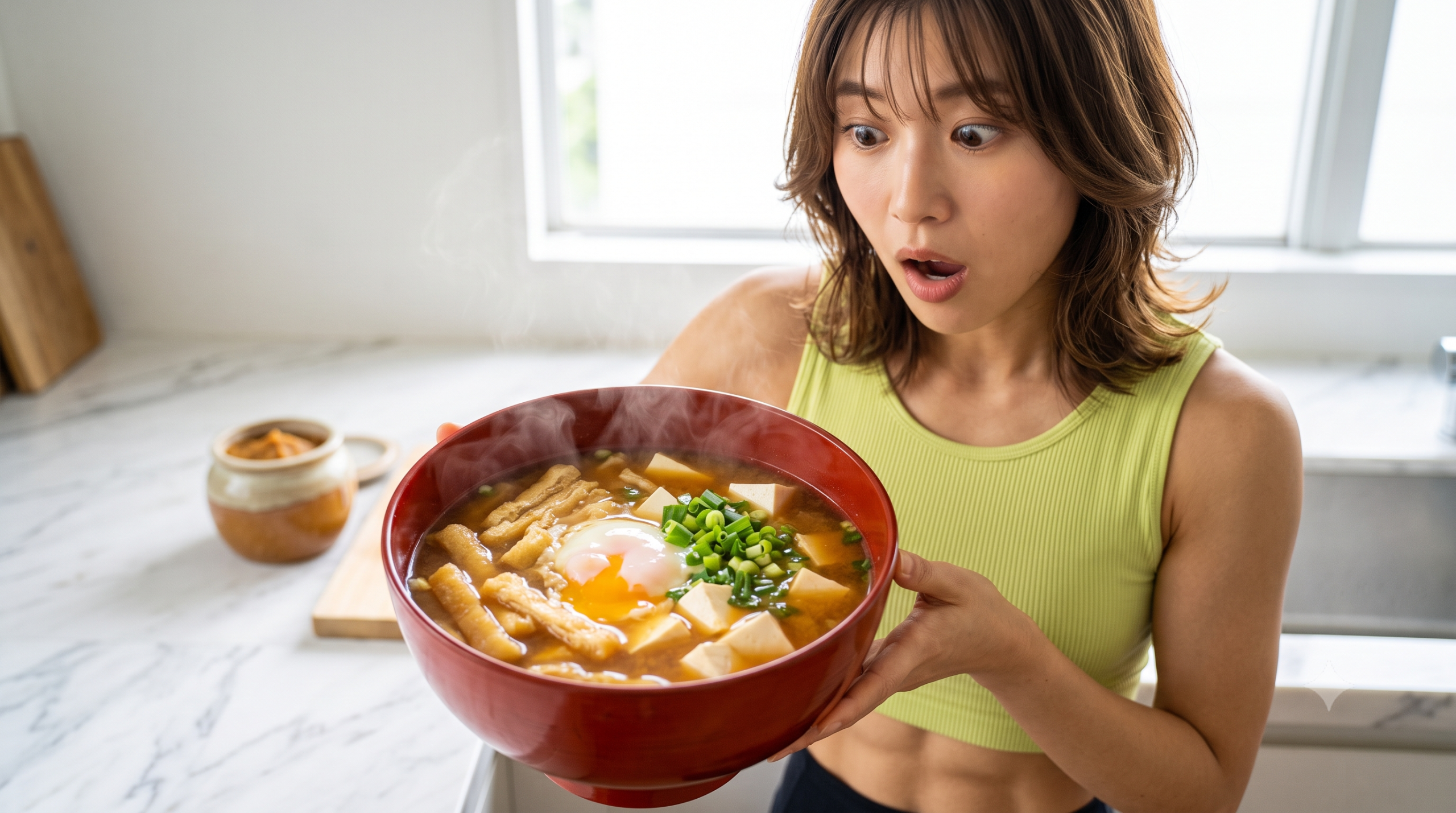 タンクトップを着た女性が、卵や豆腐が入った湯気の立つ大きな味噌汁椀を両手で持ち、驚いた表情でカメラを見つめている