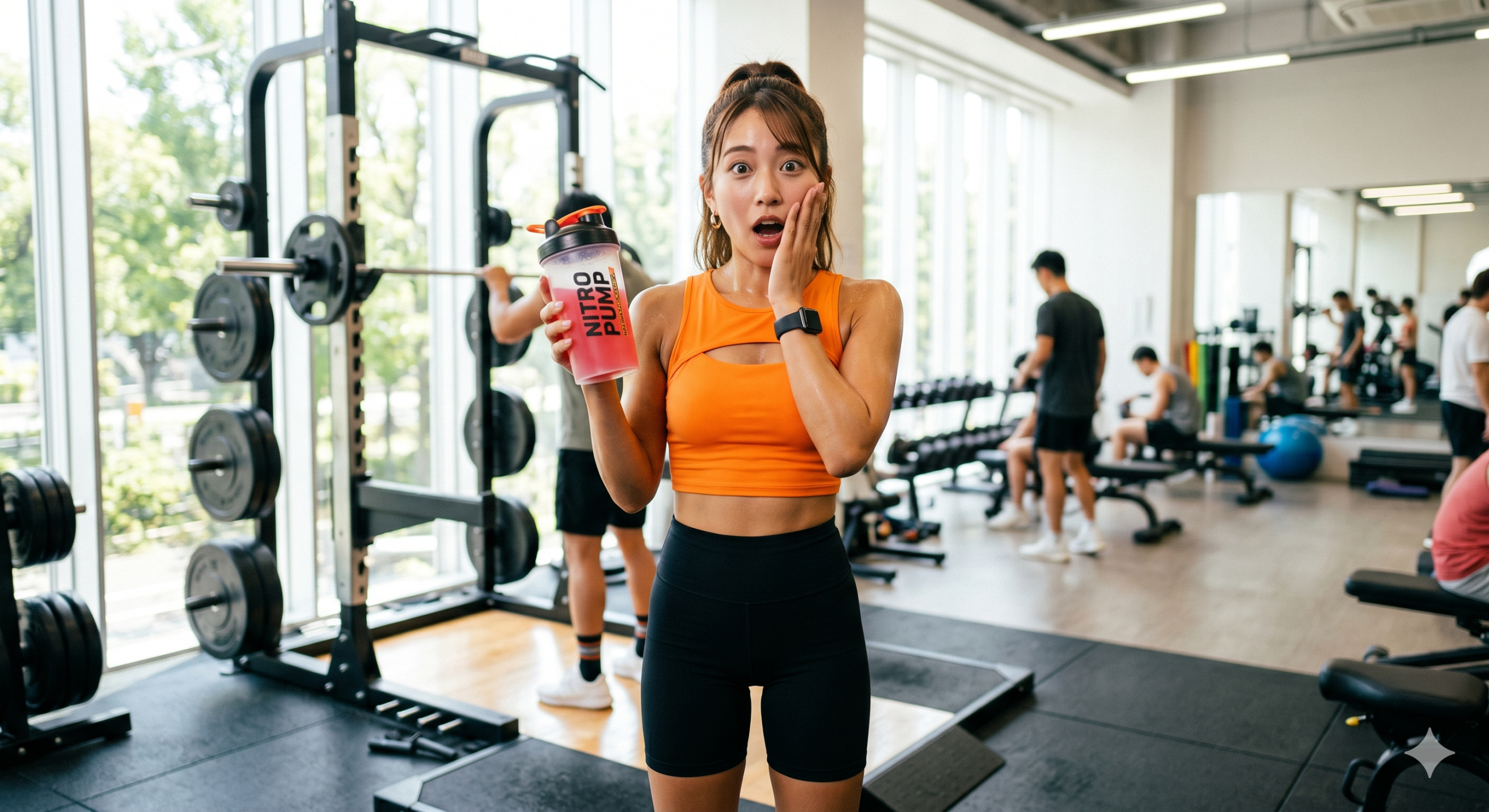 モダンなジムで『NITRO PUMP』を持って驚く若い女性