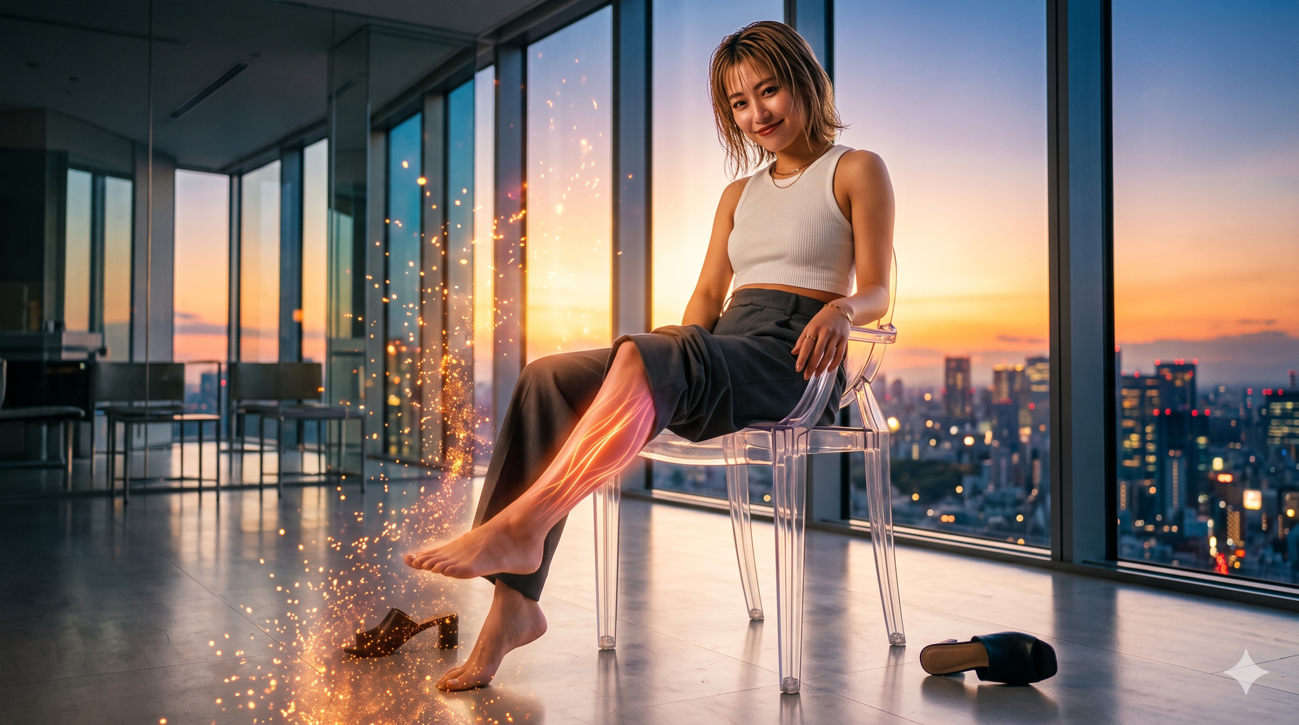 街の鼓動 - 都市のバイオ強化ポートレート 夕暮れの都市景観を背景に、透明な椅子に座り、右脚が科学的に発光して火花を散らす女性のポートレート