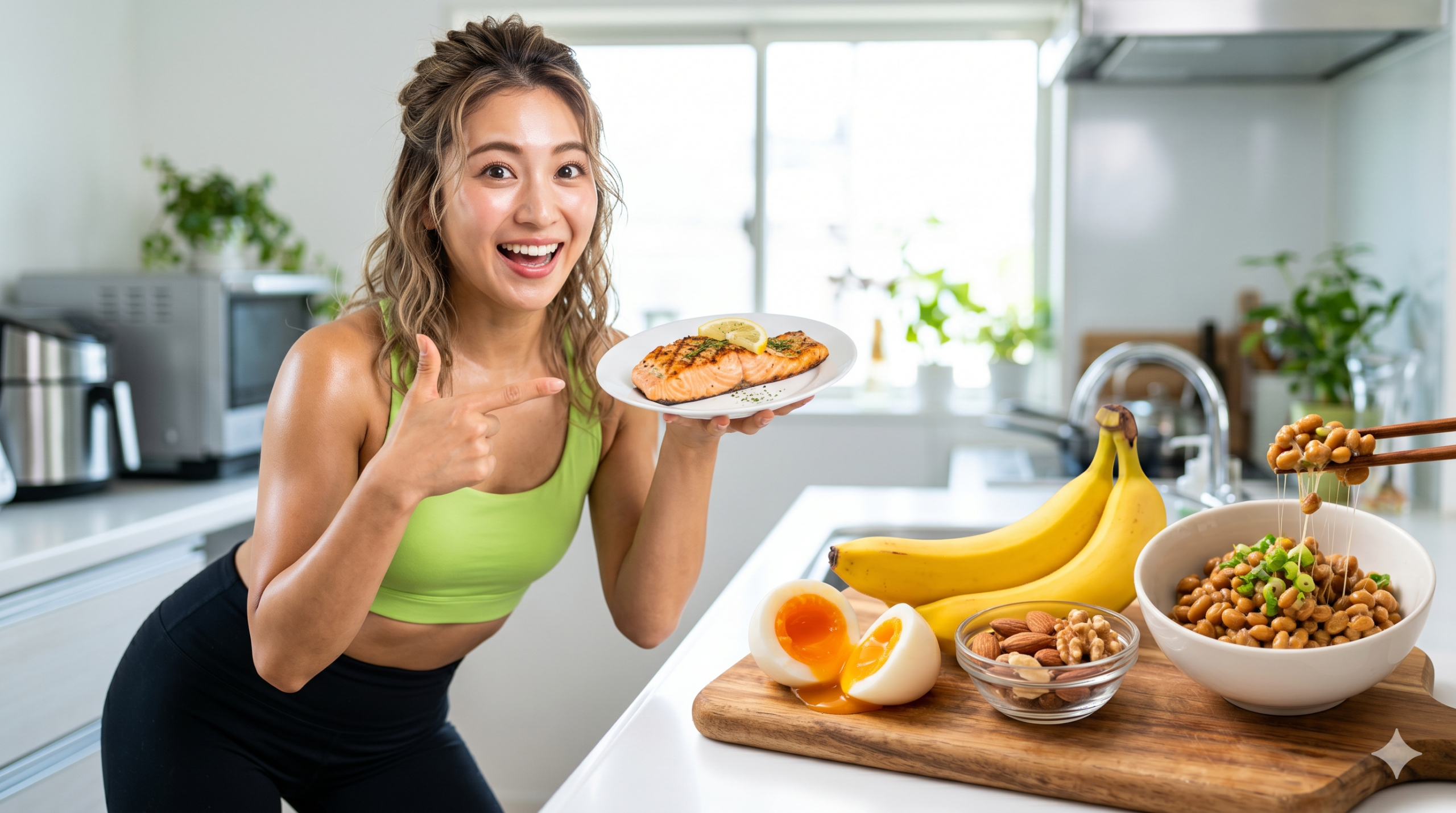 笑顔の日本人女性が、鮭のグリルが乗った小皿を指さし、手前のカッティングボードに並んだ半熟卵やバナナ、納豆などの筋肉痛回復食材を紹介している健康的なキッチンの風景