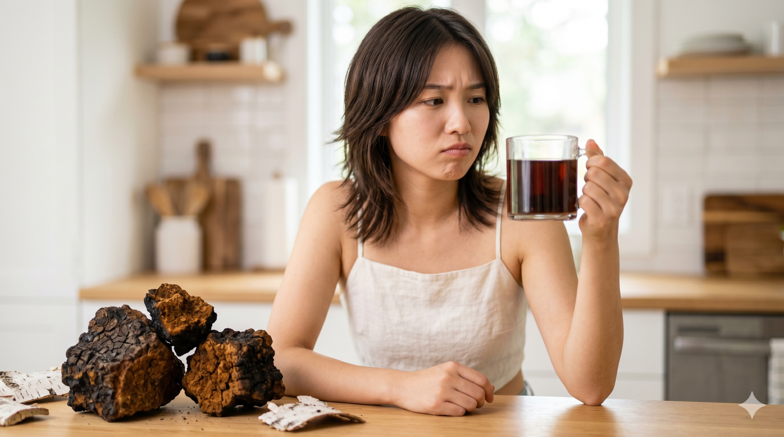 明るいキッチンでグラスに入った濃い色のチャーガ茶を不安そうに見つめる若い女性と、手前のテーブルに置かれた炭のようなチャーガの塊