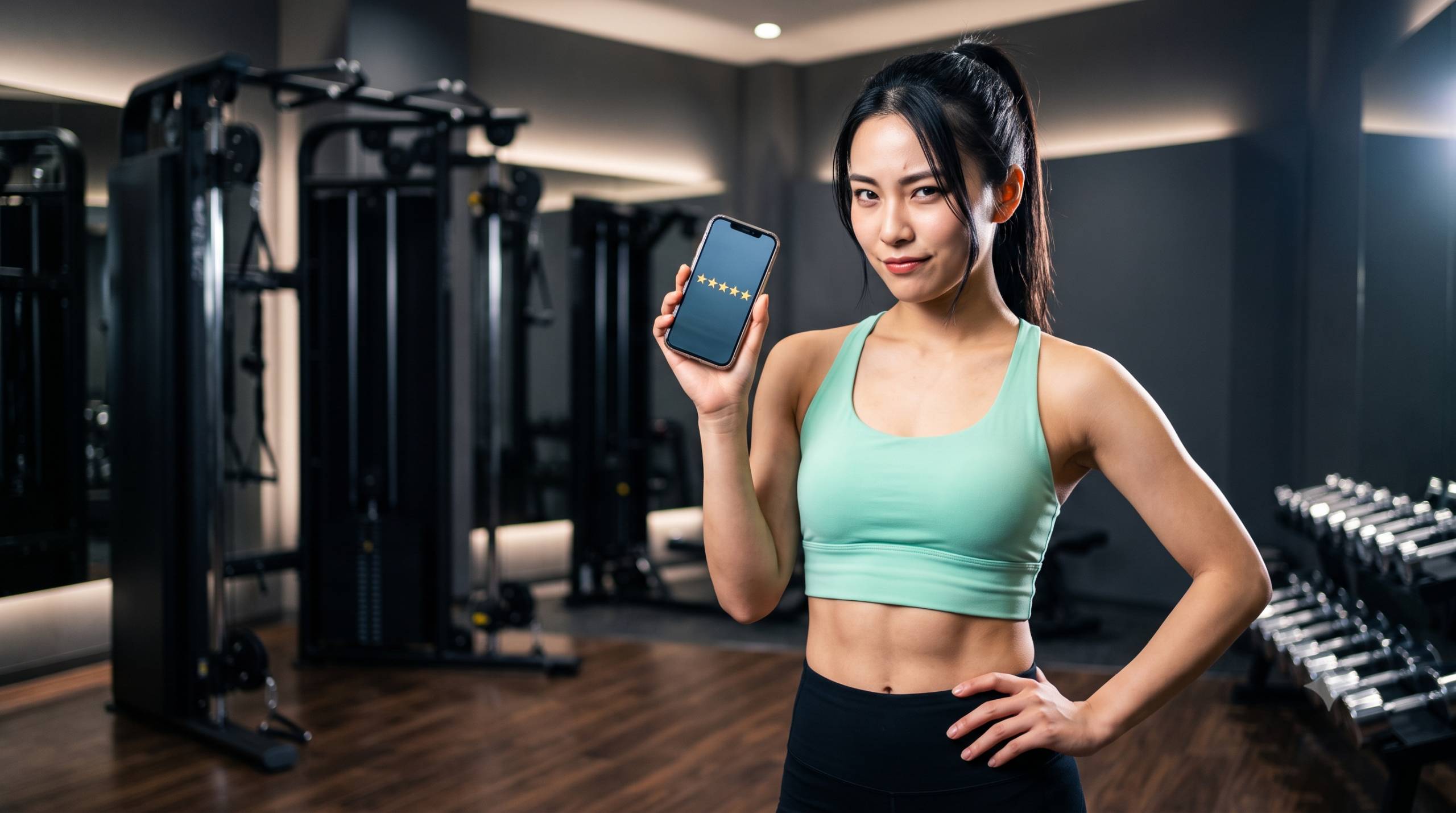 高級ジムで、自信ありげな女性が5つ星レビューのスマホを掲げている。