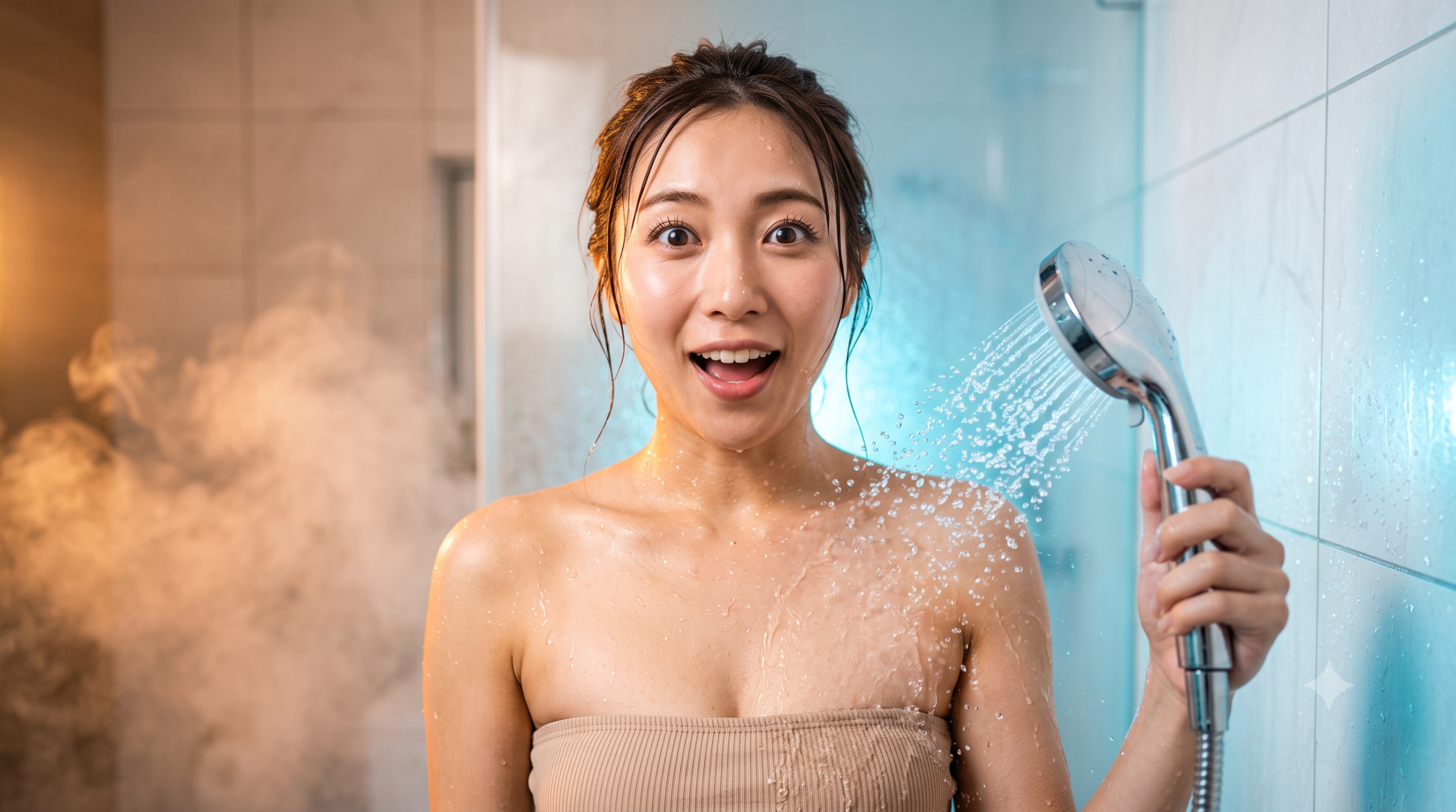 冷たいシャワーに驚く日本人女性 - 温冷交代浴のコンセプト 右手にシャワーヘッドを持ち、左肩に冷水を当てて爽快に驚く日本人女性