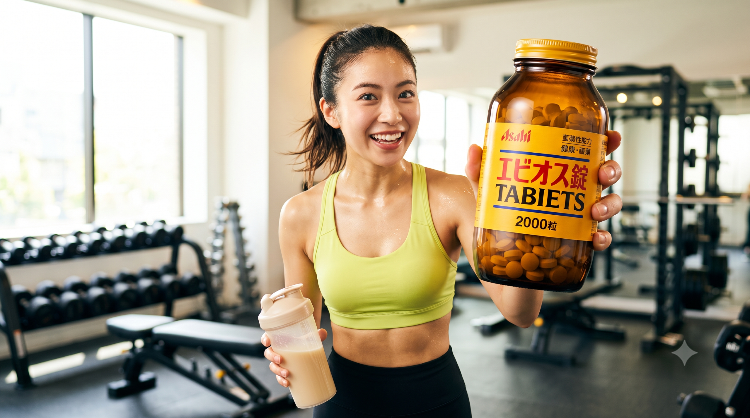 ジムでエビオス錠とプロテインを持つ笑顔のフィットネス女性