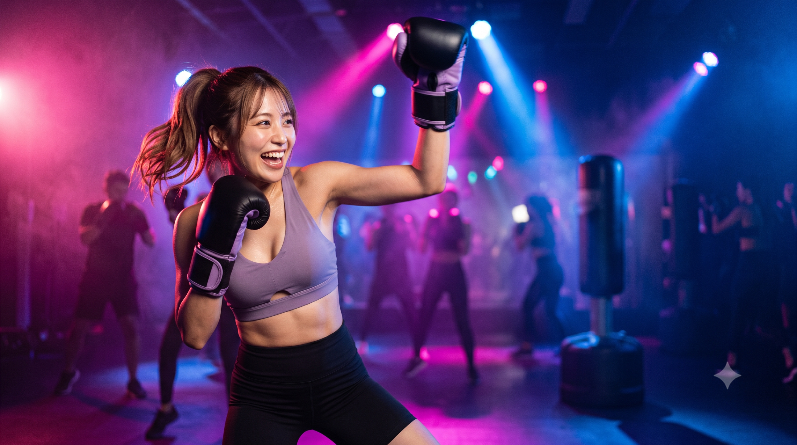 ネオンクラブフィットネスでのエキサイティングな日本人女性ボクサー