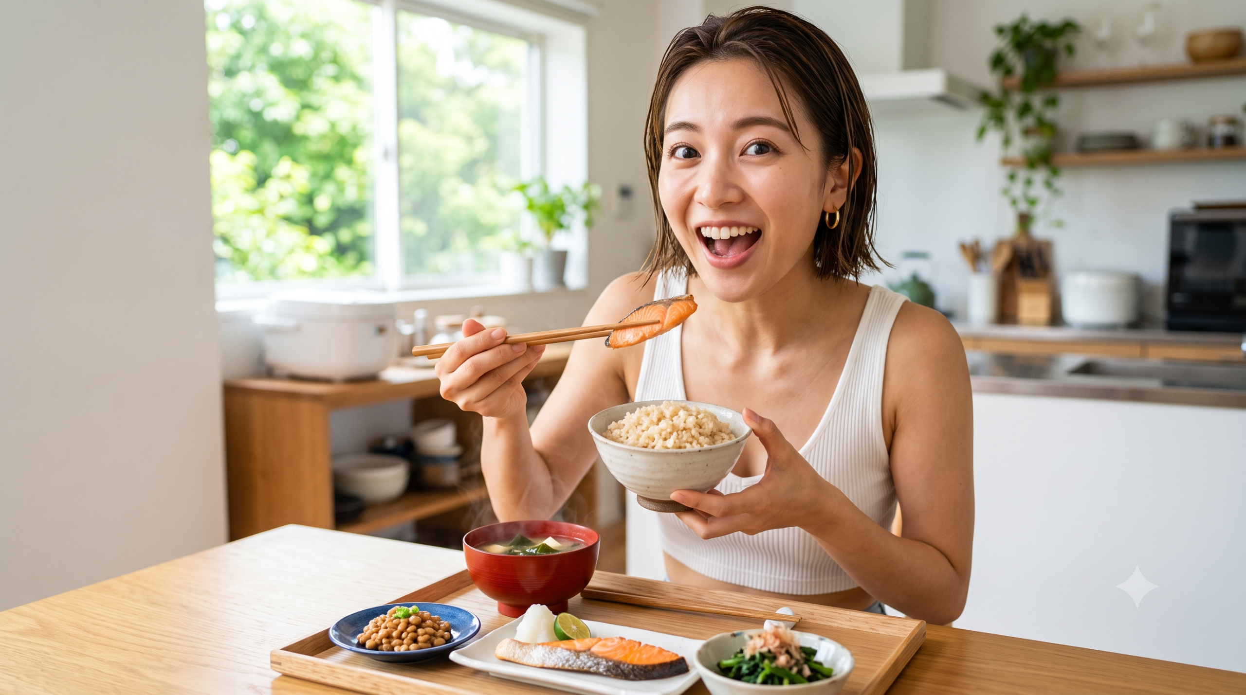玄米ご飯と焼き鮭の和朝食を前に、箸で鮭を食べようとして驚きと喜びの表情を浮かべる日本人女性。
