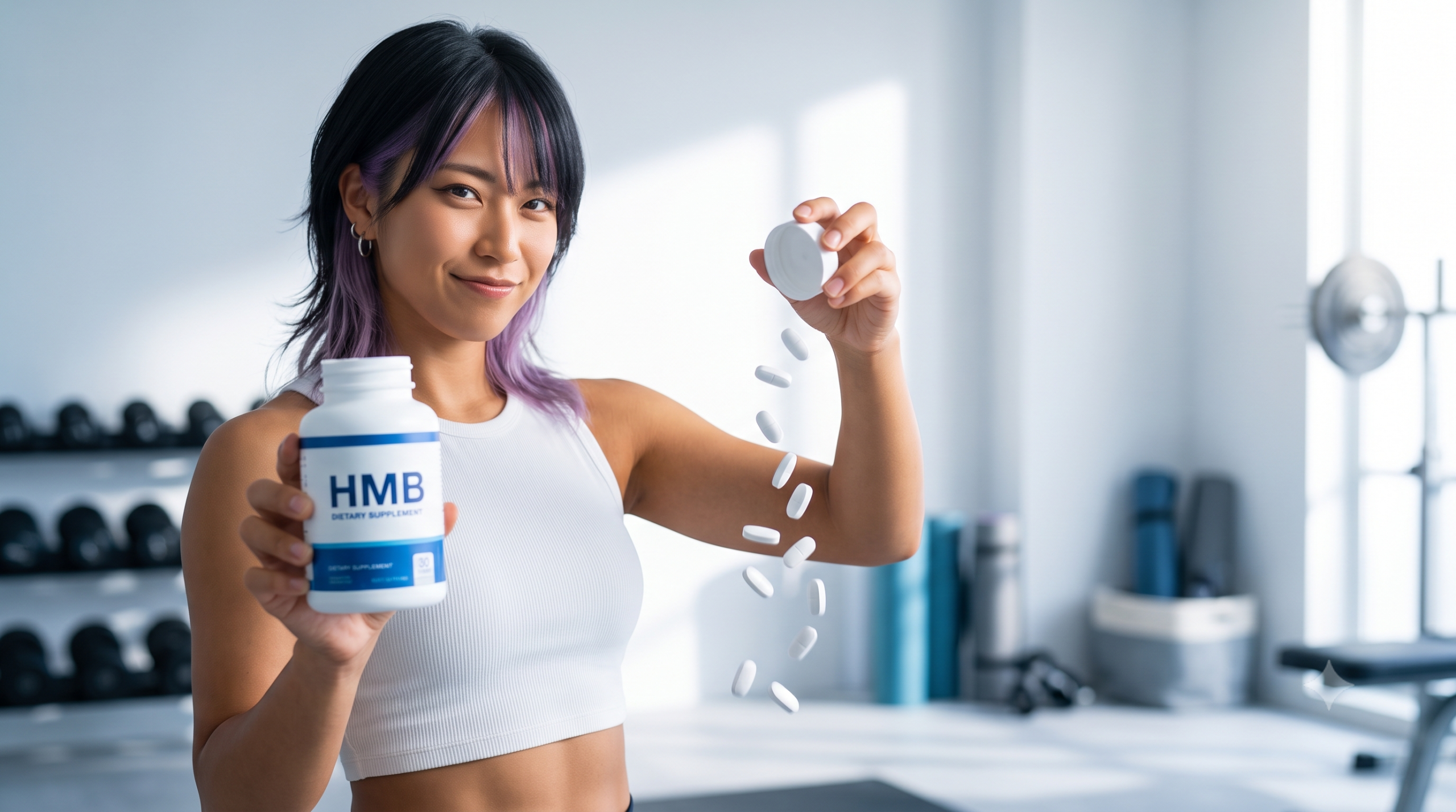 明るいホームジムでHMBサプリメントのボトルを持ち、キャップから錠剤をこぼしている笑顔の若い女性。