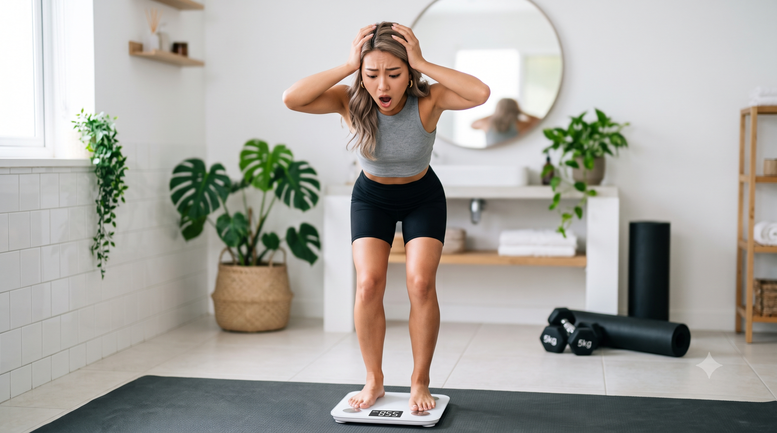 モダンなバスルームで、体重計の結果を見て驚愕し、頭を抱える若い女性。