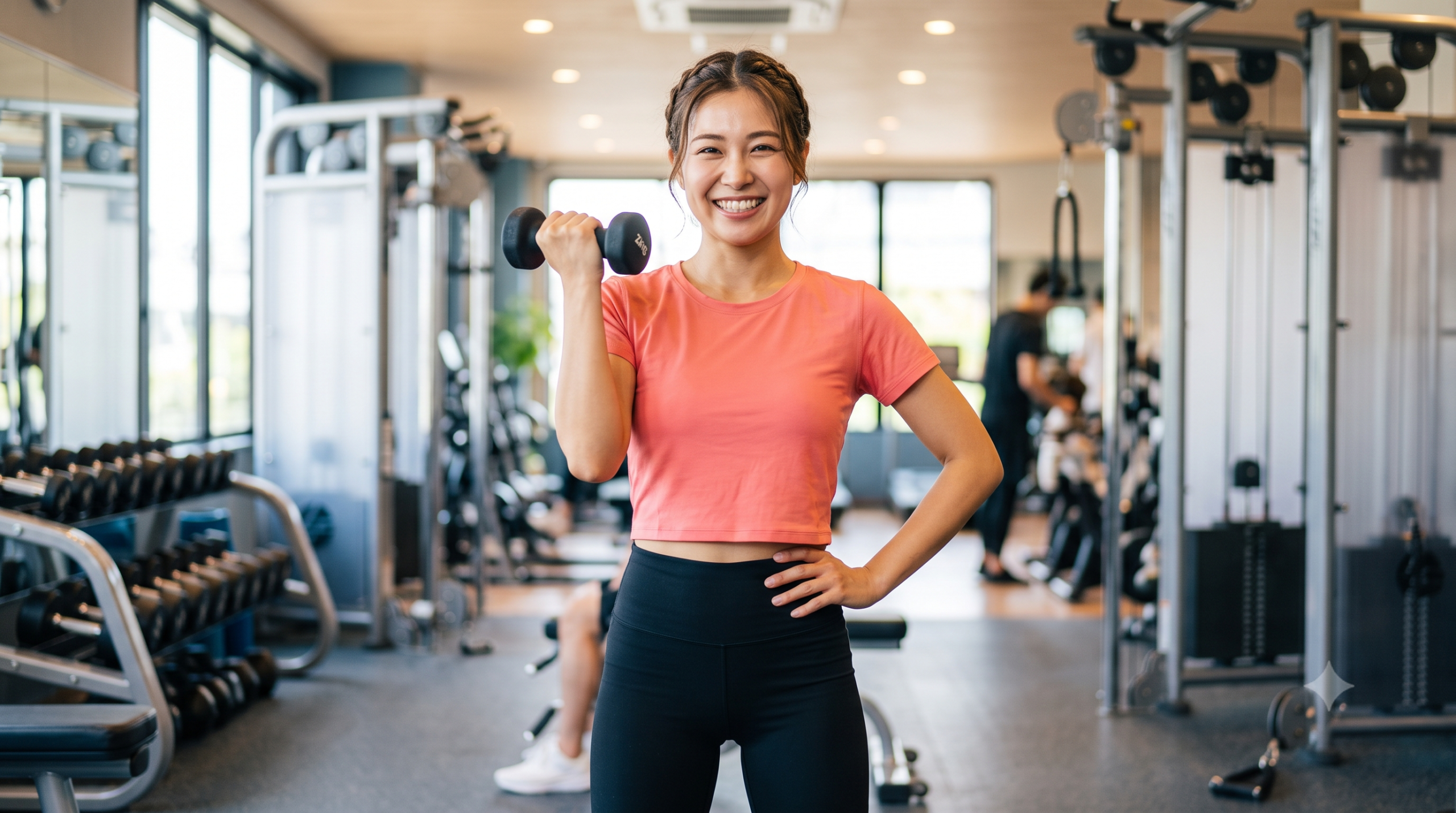 モダンなフィットネスジムで、コーラルピンクのTシャツとレギンス姿の笑顔の女性がダンベルトレーニングを行っています