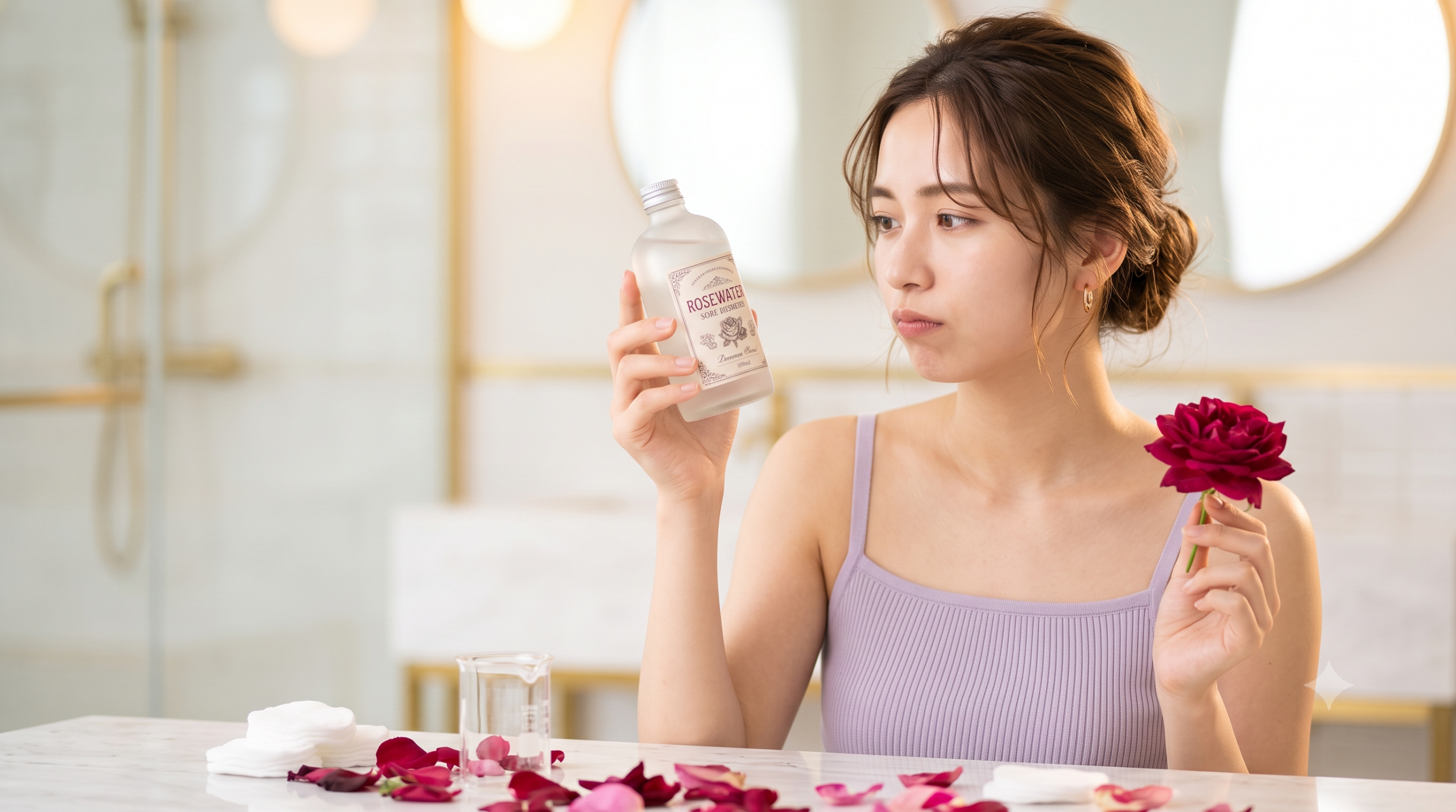 バスルームで、疑い深い表情でローズウォーターボトルを見つめる日本人女性。手には深紅のバラを持ち、テーブルには花びらが散っている