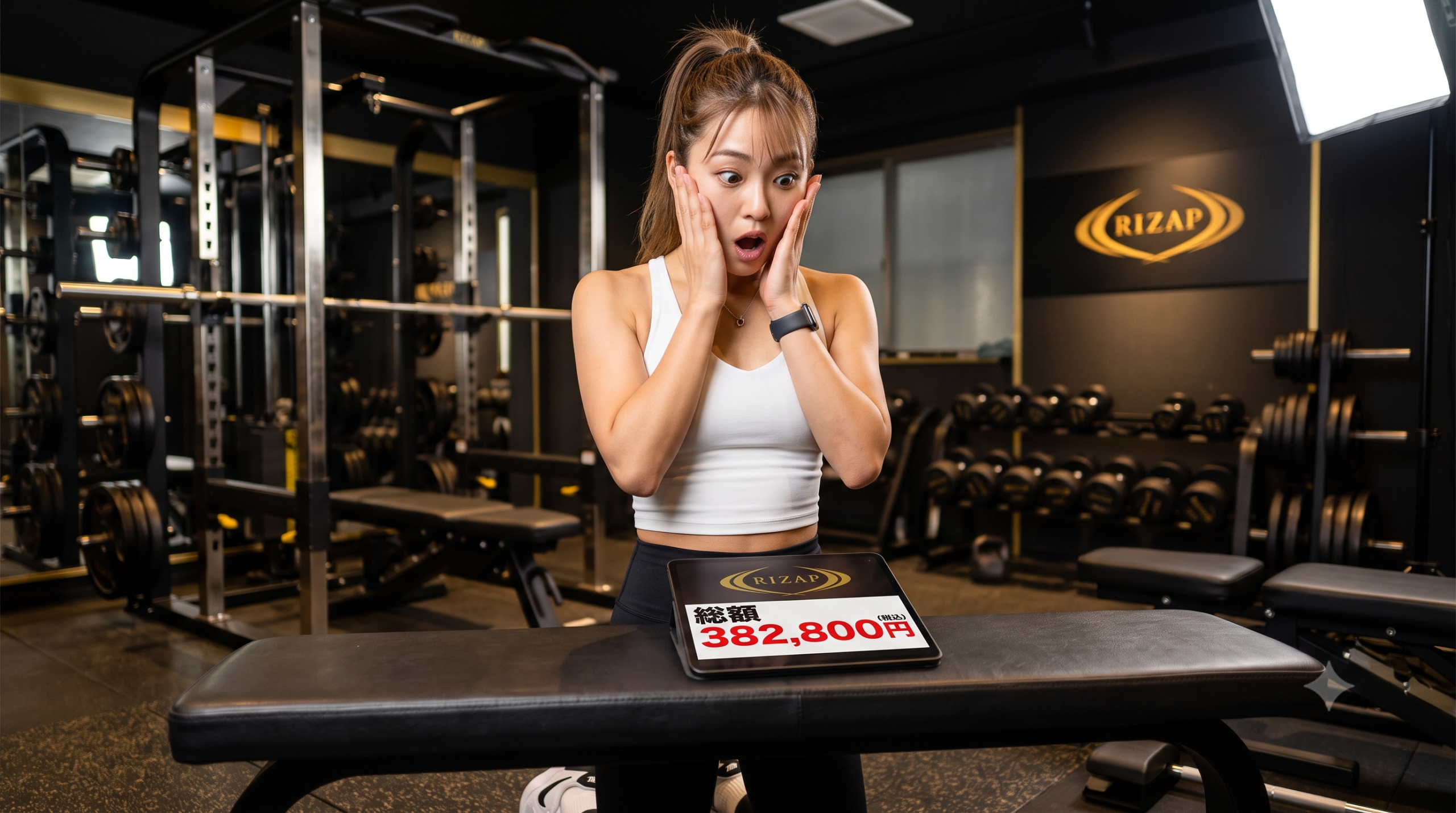 ライザップジムで、トレーニングウェアを着た女性が、ベンチに置かれた『総額 382,800円』と書かれたディスプレイを見て、驚きの表情で両手で頬を抑えている