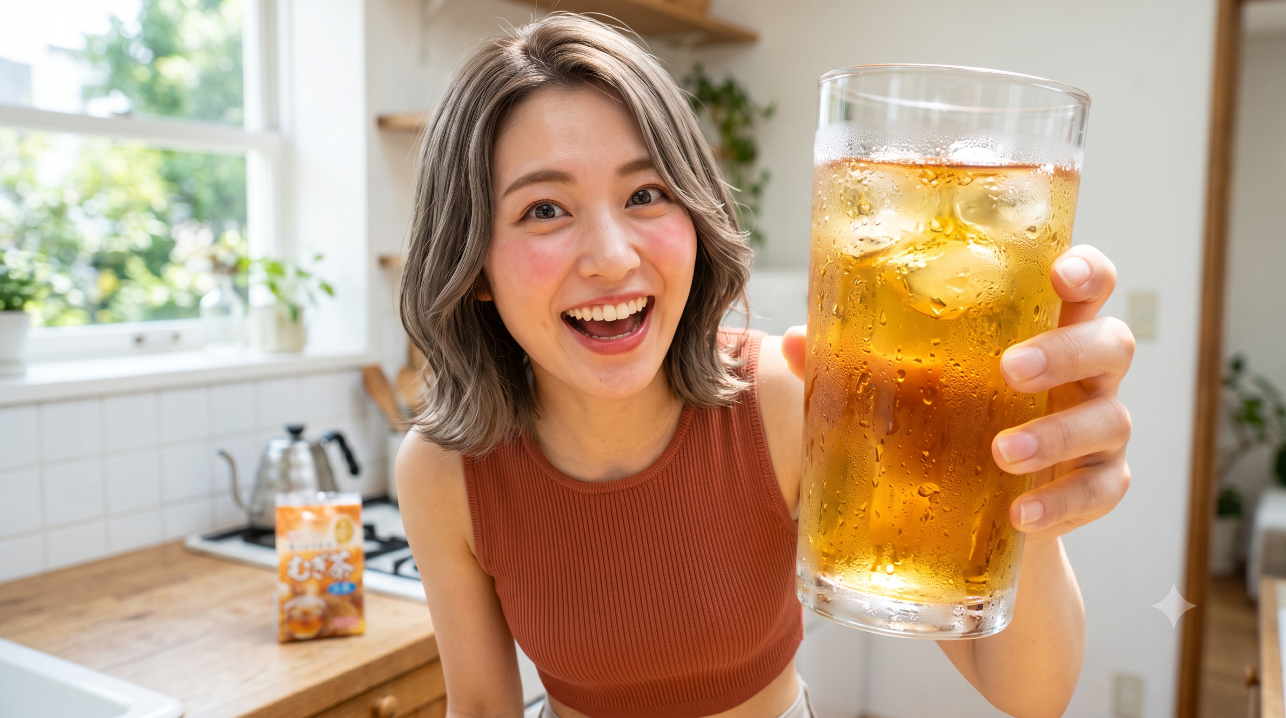 明るいキッチンで水滴たっぷりの冷たい麦茶を驚きの表情で見せる女性
