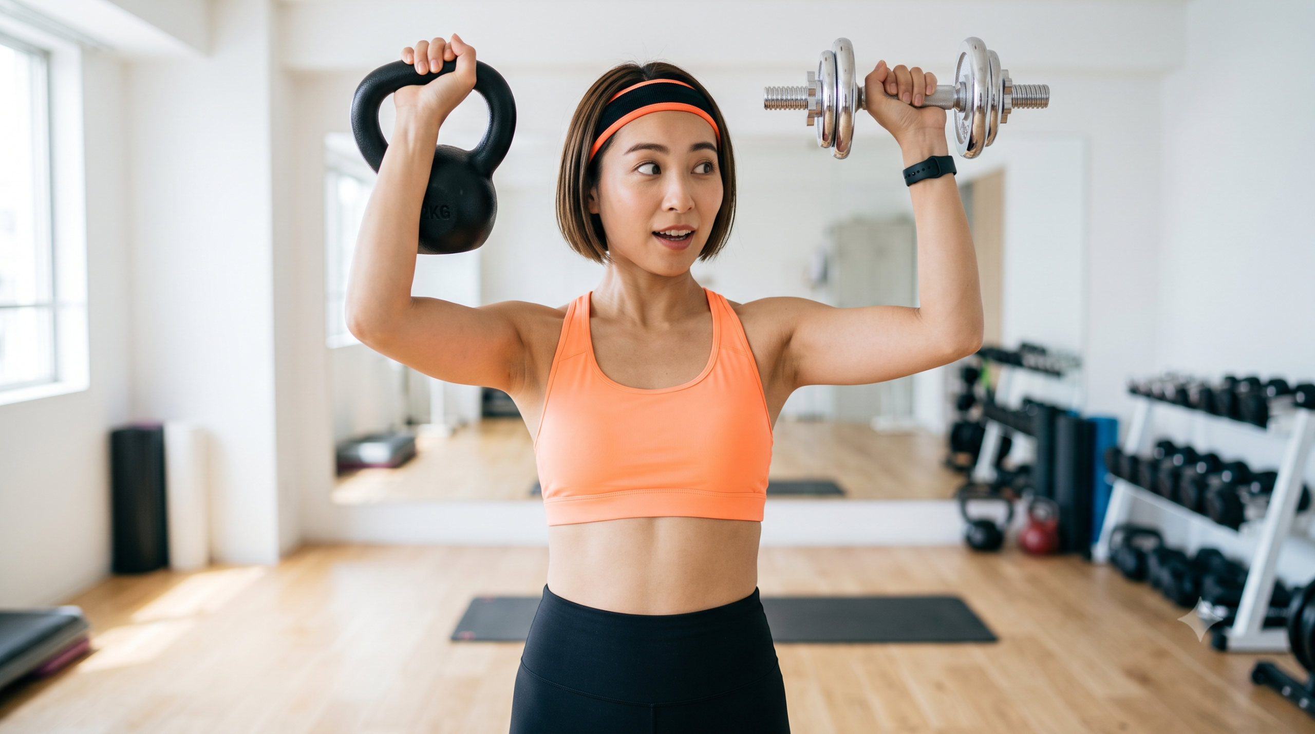 明るいトレーニングジムでオレンジ色のスポーツブラを着た若い女性が、右手にダンベル、左手にケトルベルを持ち、どちらを使おうか迷った表情で器具を見比べている様子