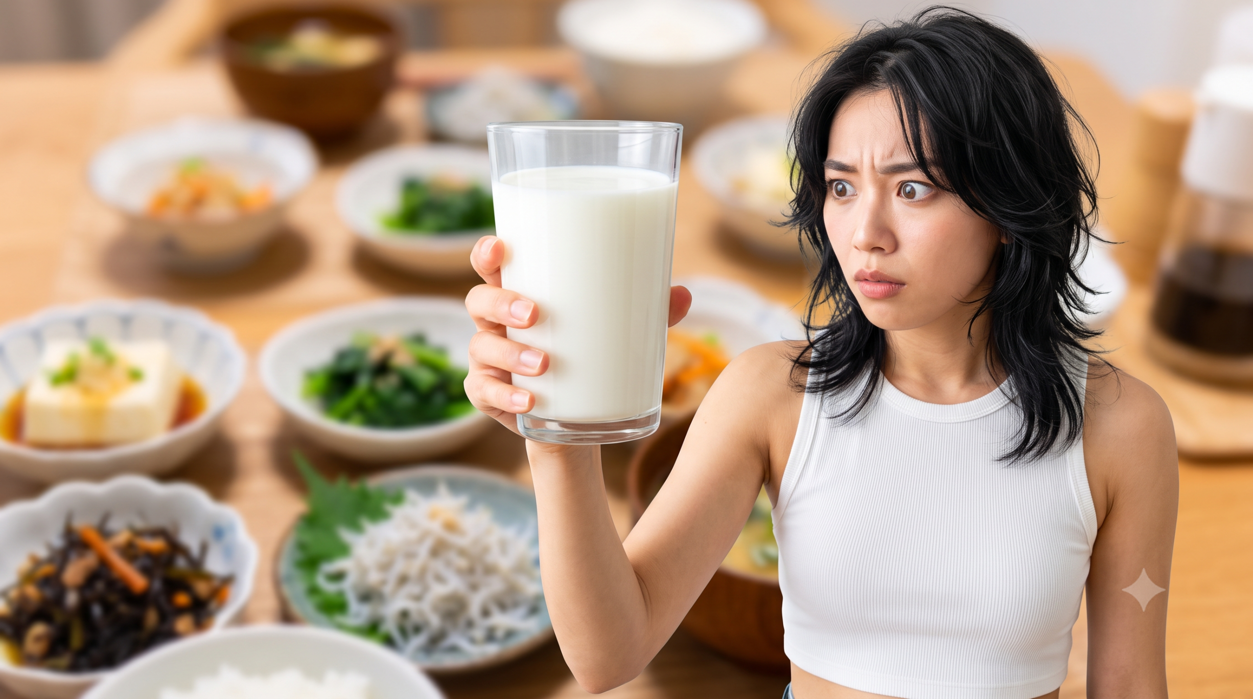 和食の食卓で牛乳に驚き疑う日本人女性