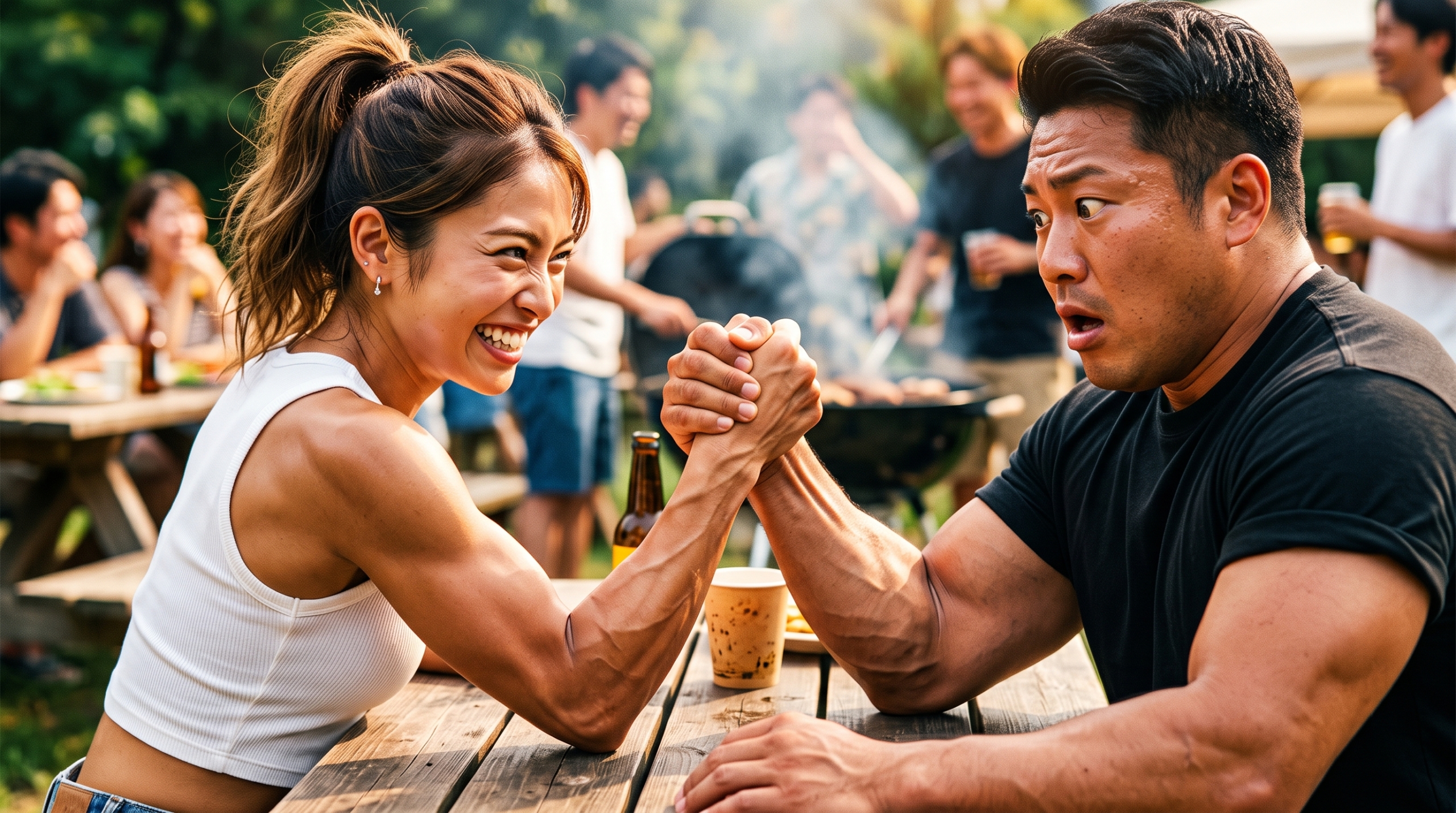 屋外のBBQパーティーで、筋肉質な女性が驚いた表情の男性と腕相撲をしている様子。