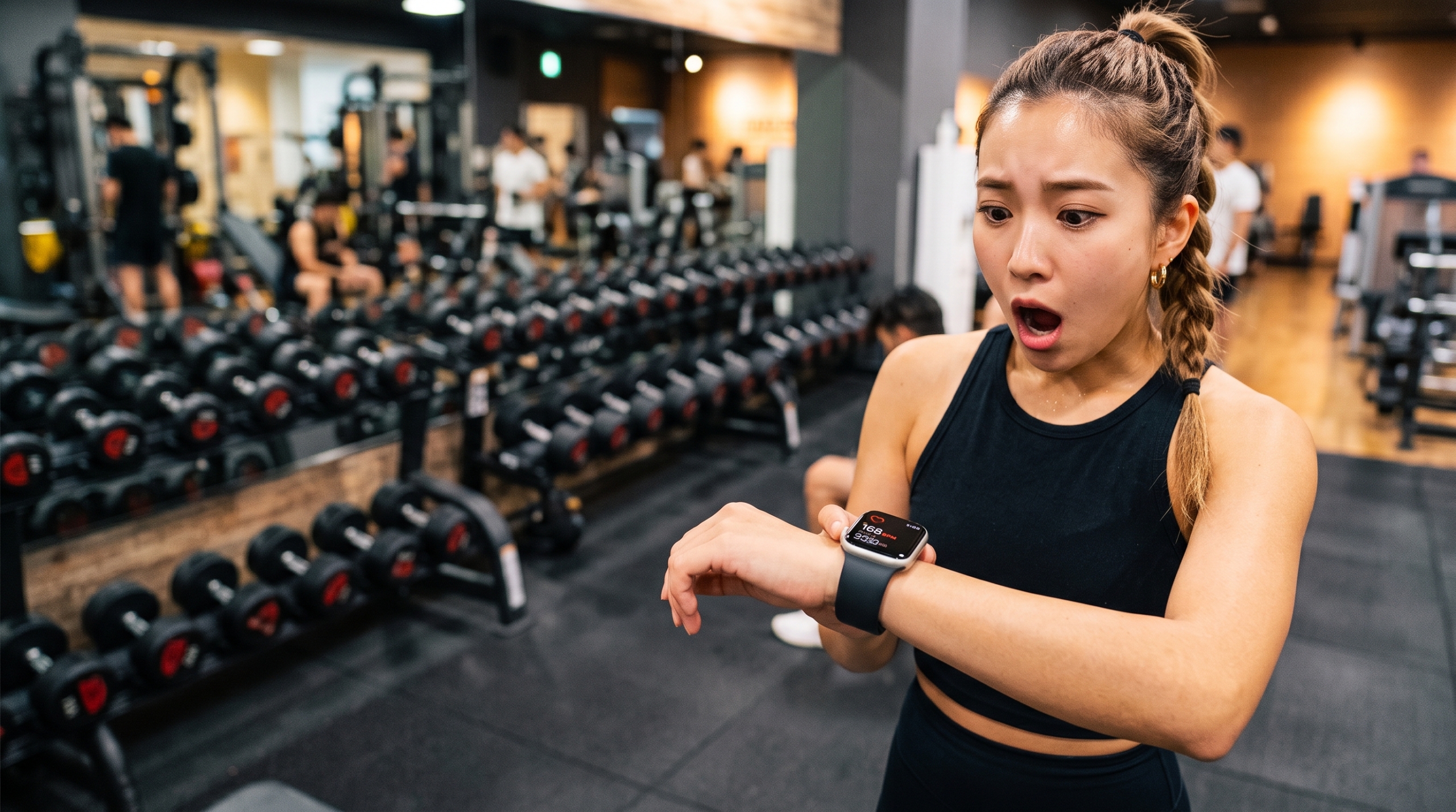 ジムでApple Watchを見て驚く日本人女性