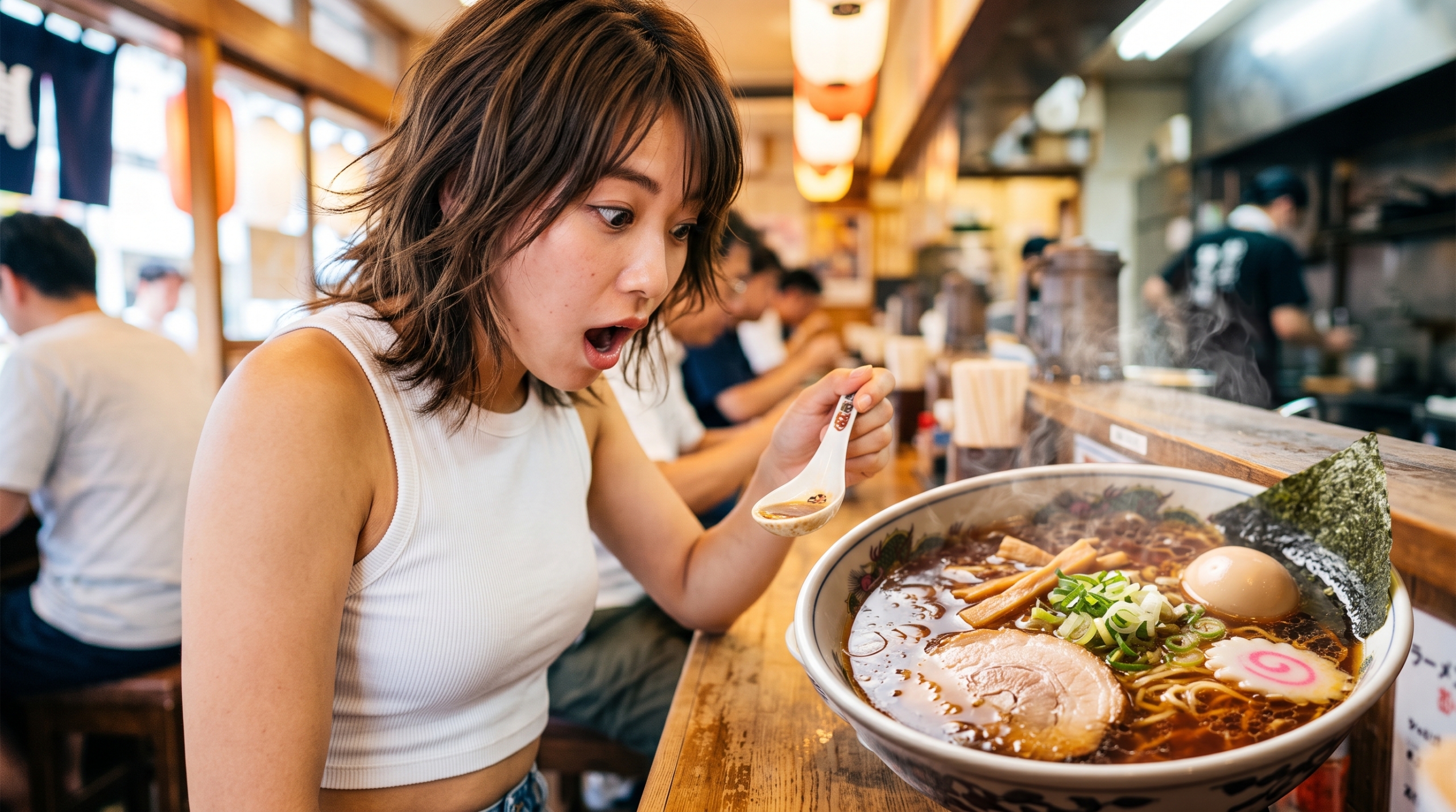 大きな醤油ラーメンを前にして、レンゲを持ったまま驚いた表情をしている若い女性