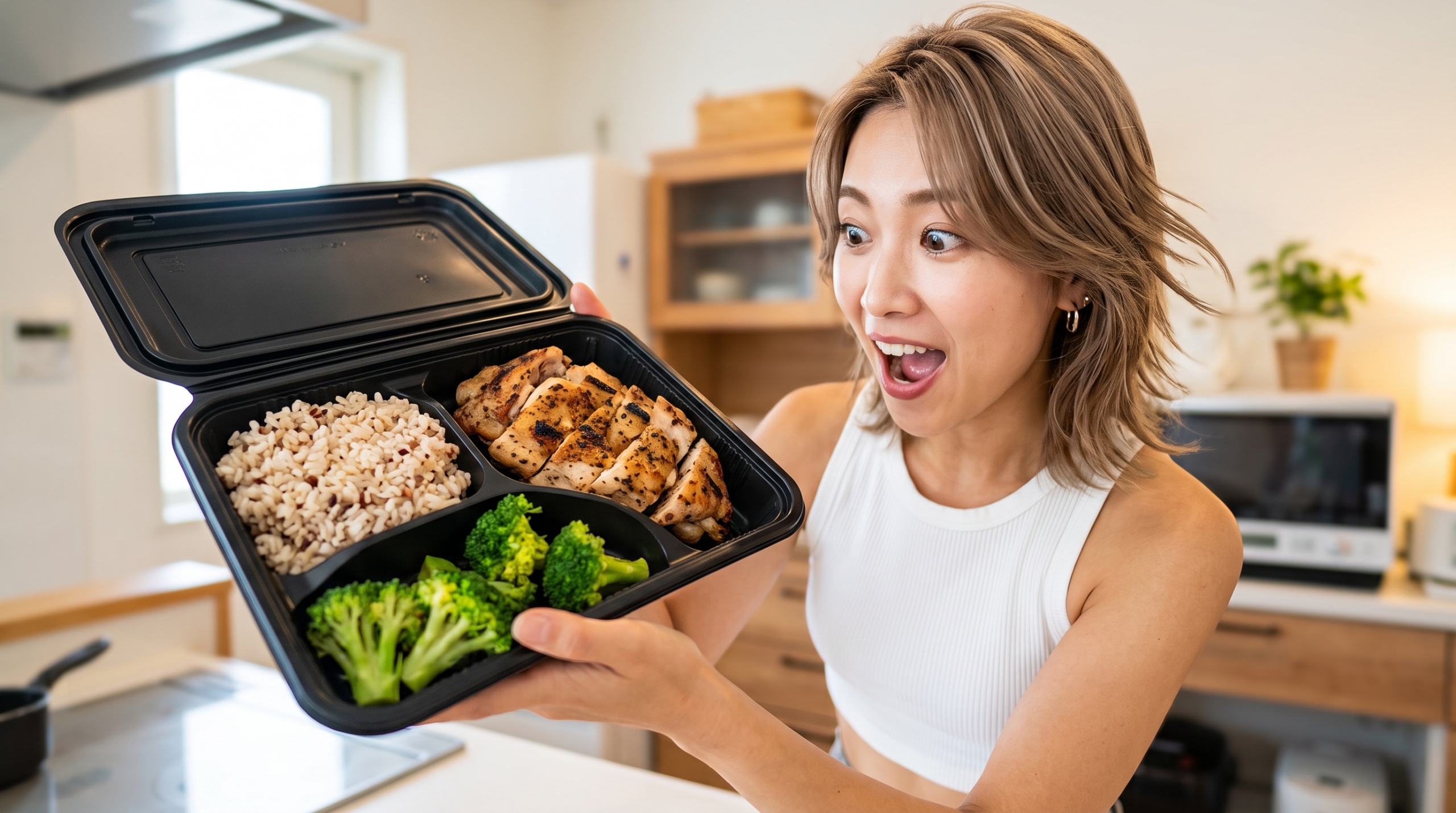 健康的な宅配弁当に驚く若い日本人女性 驚いた表情で、グリルチキン、玄米、ブロッコリーが入ったヘルシーな弁当を両手で持つ若い日本人女性の姿