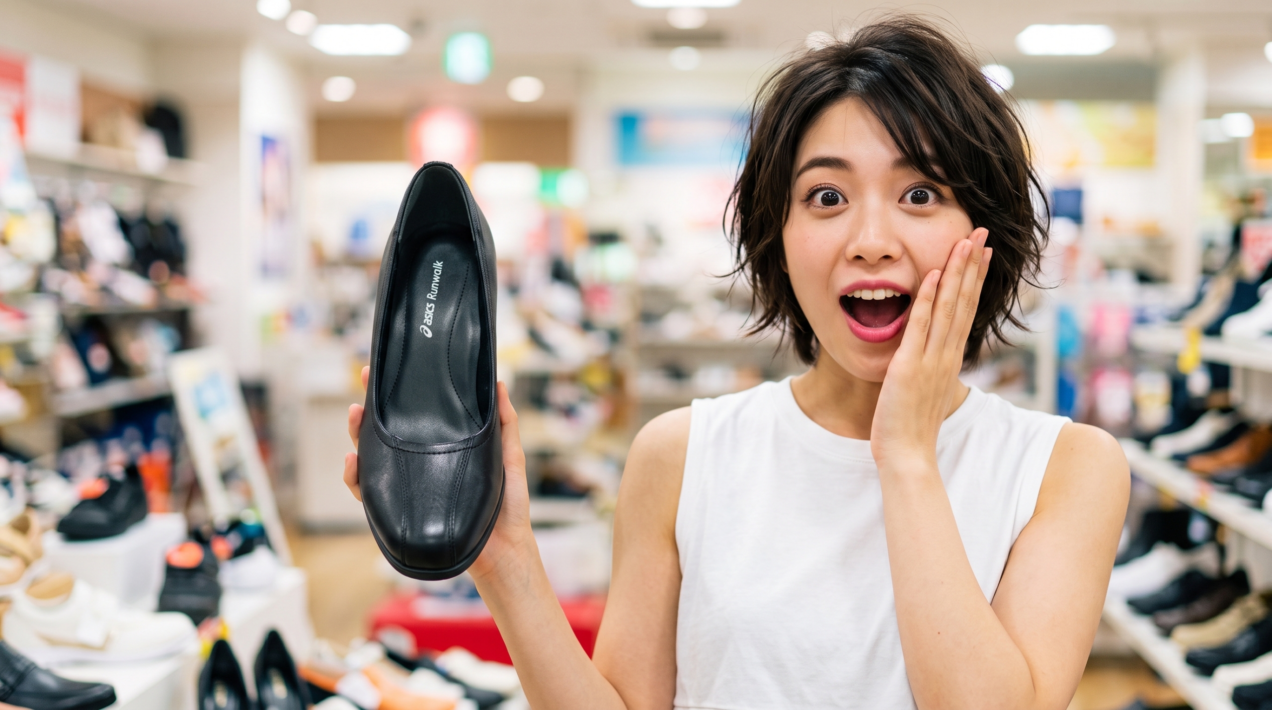 靴売り場で黒いビジネスパンプスを顔の横に掲げ、驚いた表情をしている若い女性。
