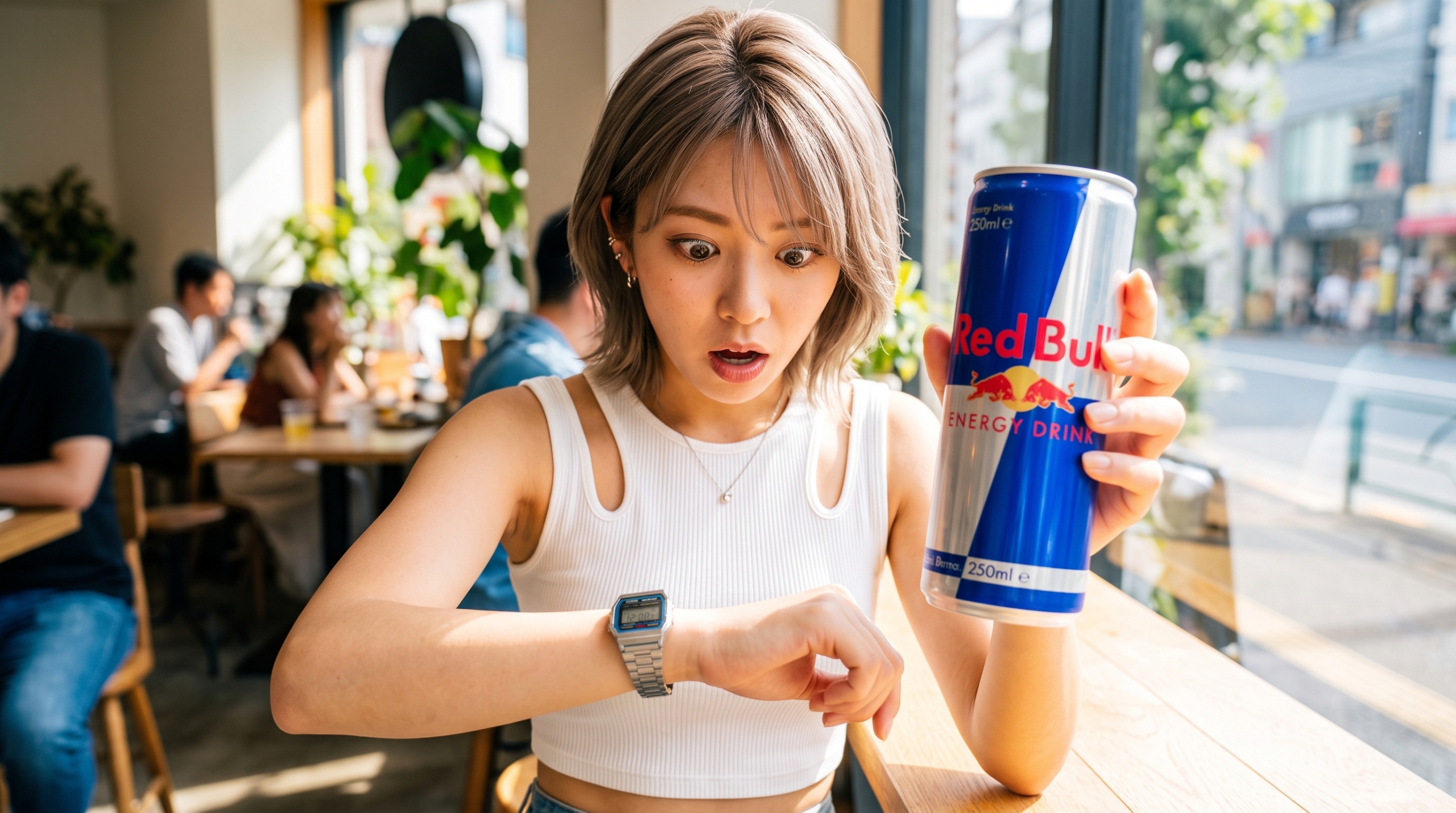 レッドブルの缶を片手に持ち、腕時計を見て驚いた表情をしているウルフカットの若い女性。