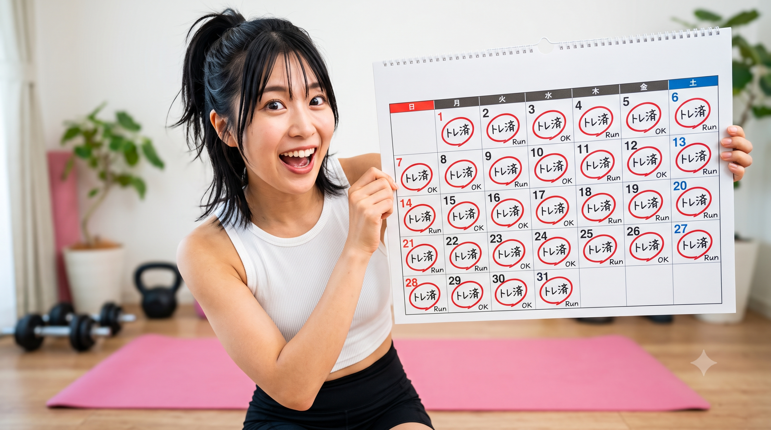 筋トレ継続カレンダーを掲げて驚く若い女性