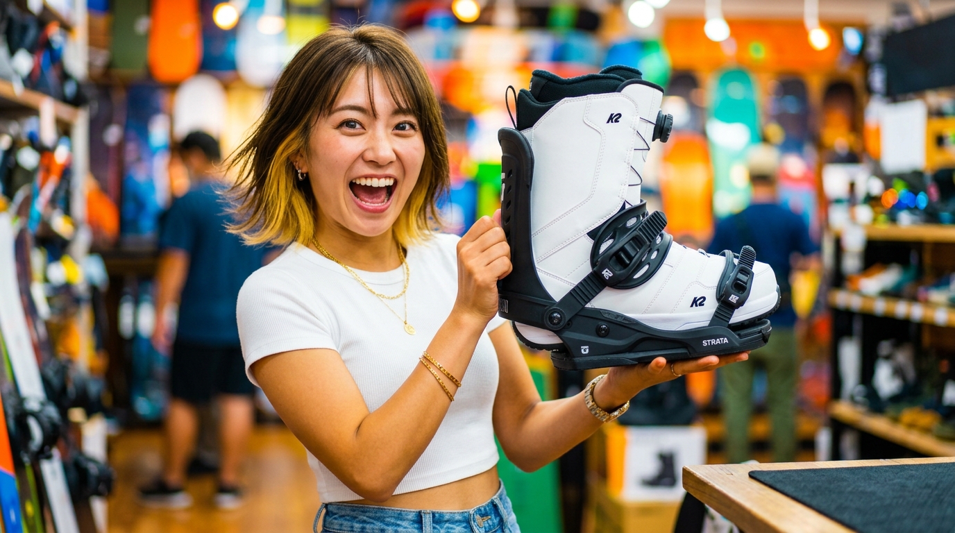 白いスノーボードブーツがセットされた黒いビンディングを顔の横に掲げて喜ぶ若い女性