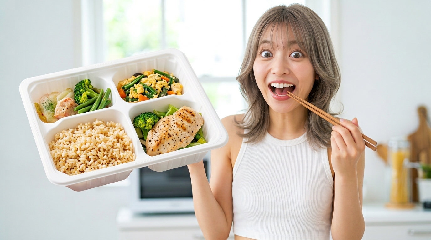 夏のキッチンで、一口食べて驚きと笑顔の表情を浮かべる日本人女性が、鶏肉料理や玄米が入ったマッスルデリの冷凍宅配弁当を左手に持っている