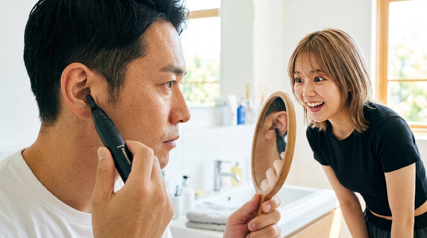 真剣に耳毛カッターを使う男性と、手鏡を持って驚く笑顔で見つめる女性の横顔。