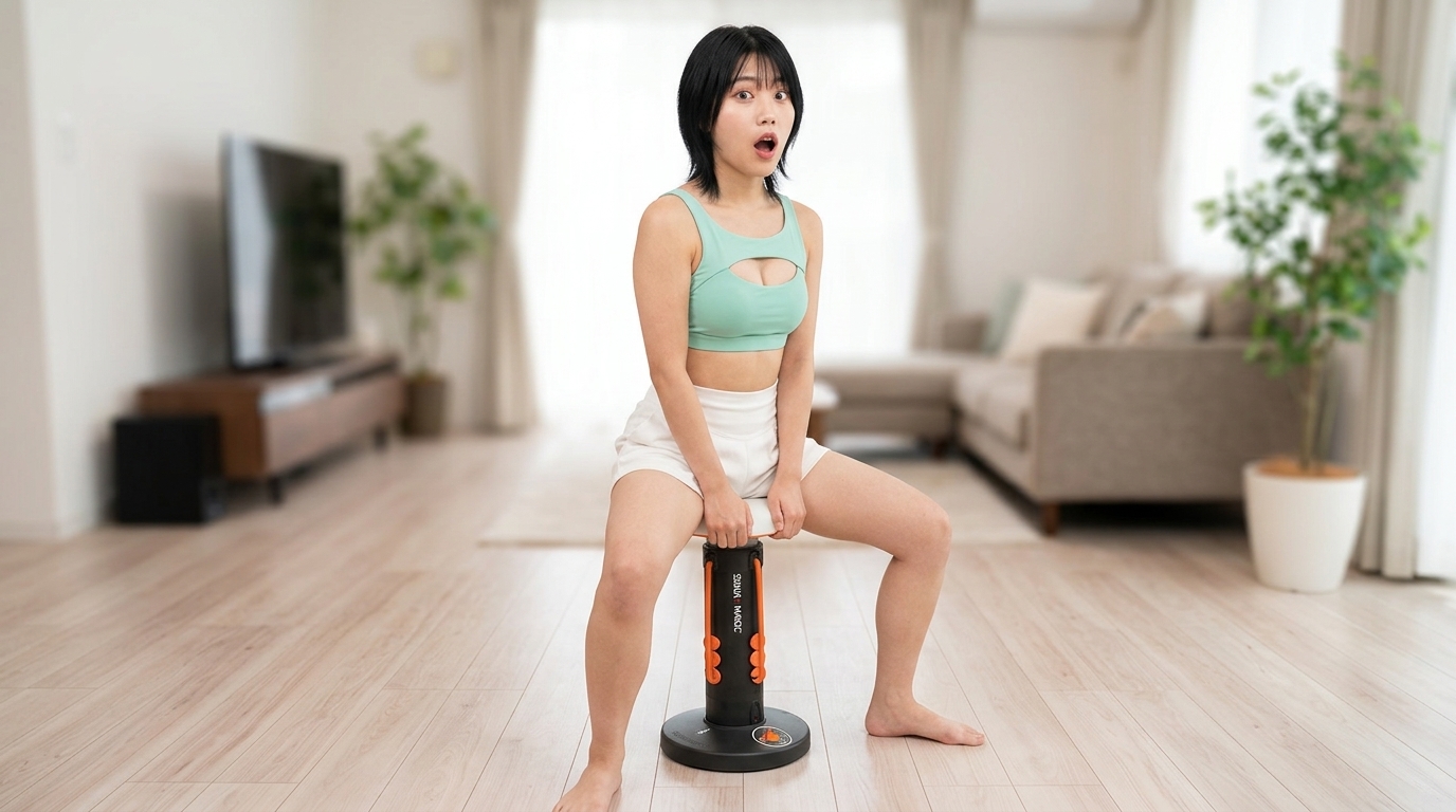 自宅でスクワット・マジックを使う日本人女性の驚いた表情