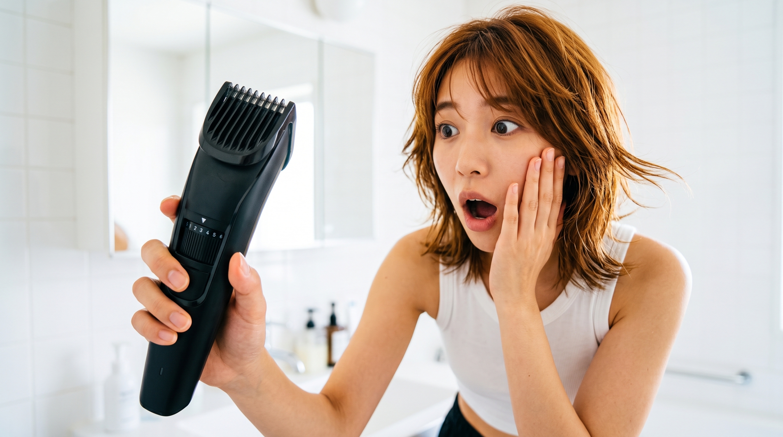 洗面所で黒いボディトリマーを顔の横に掲げて驚いた表情をしている若い女性
