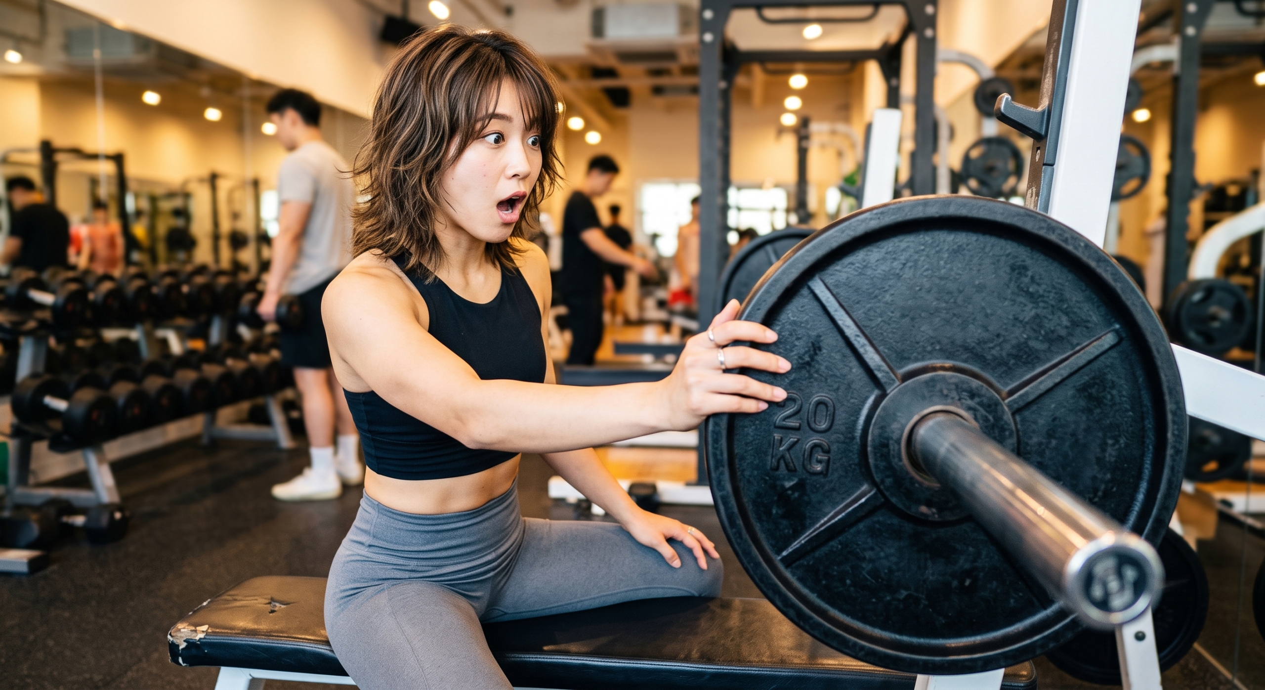 ジムのベンチに座り、20kgのバーベルプレートに手を添えて驚いた表情をしている若い女性