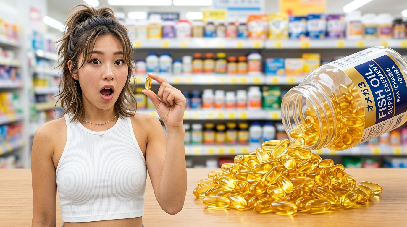 驚く若い女性と大量にあふれ出るフィッシュオイルサプリメント