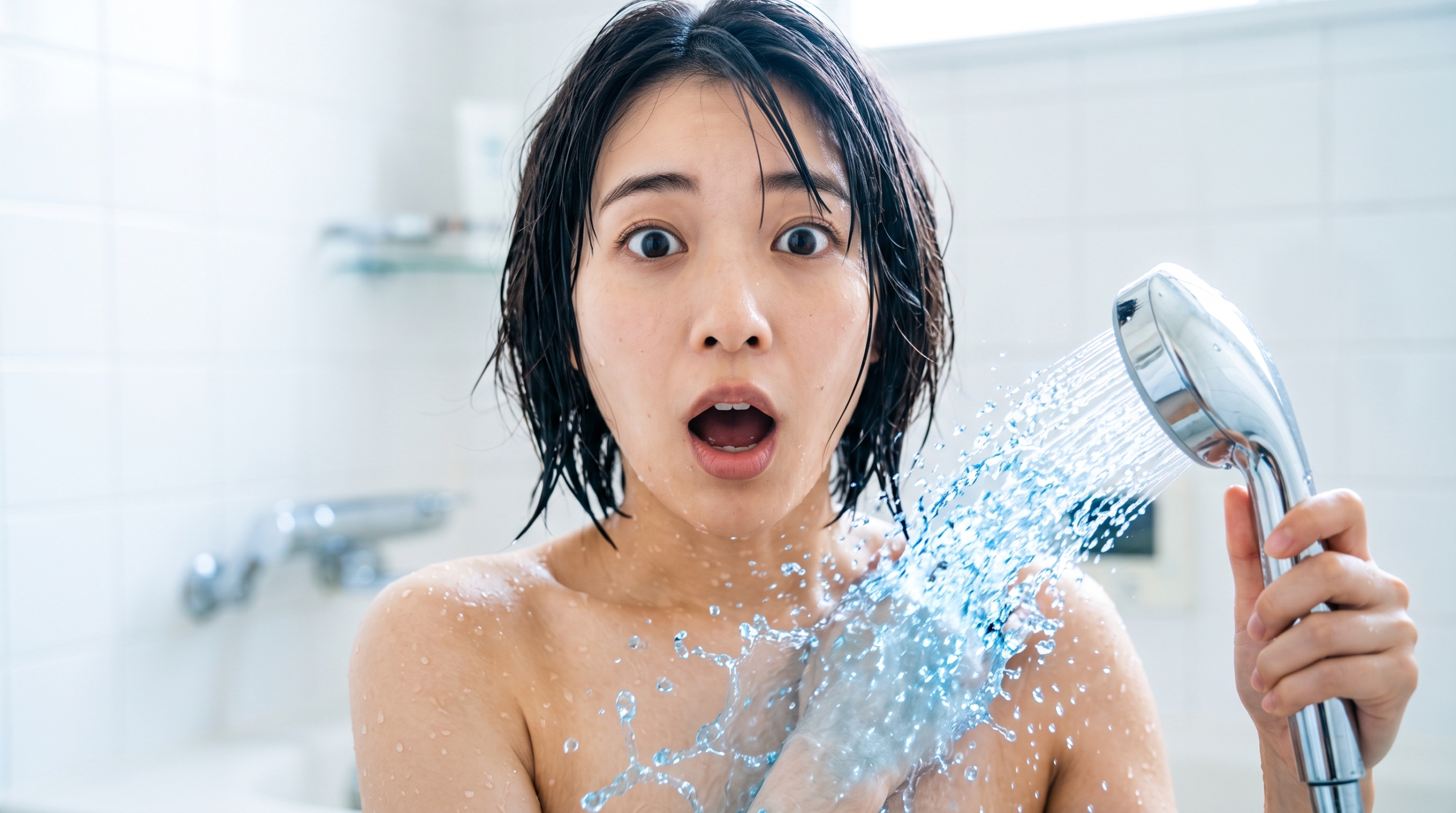 冷たいシャワーを浴びて、目を見開いて驚いている女性のクローズアップ画像