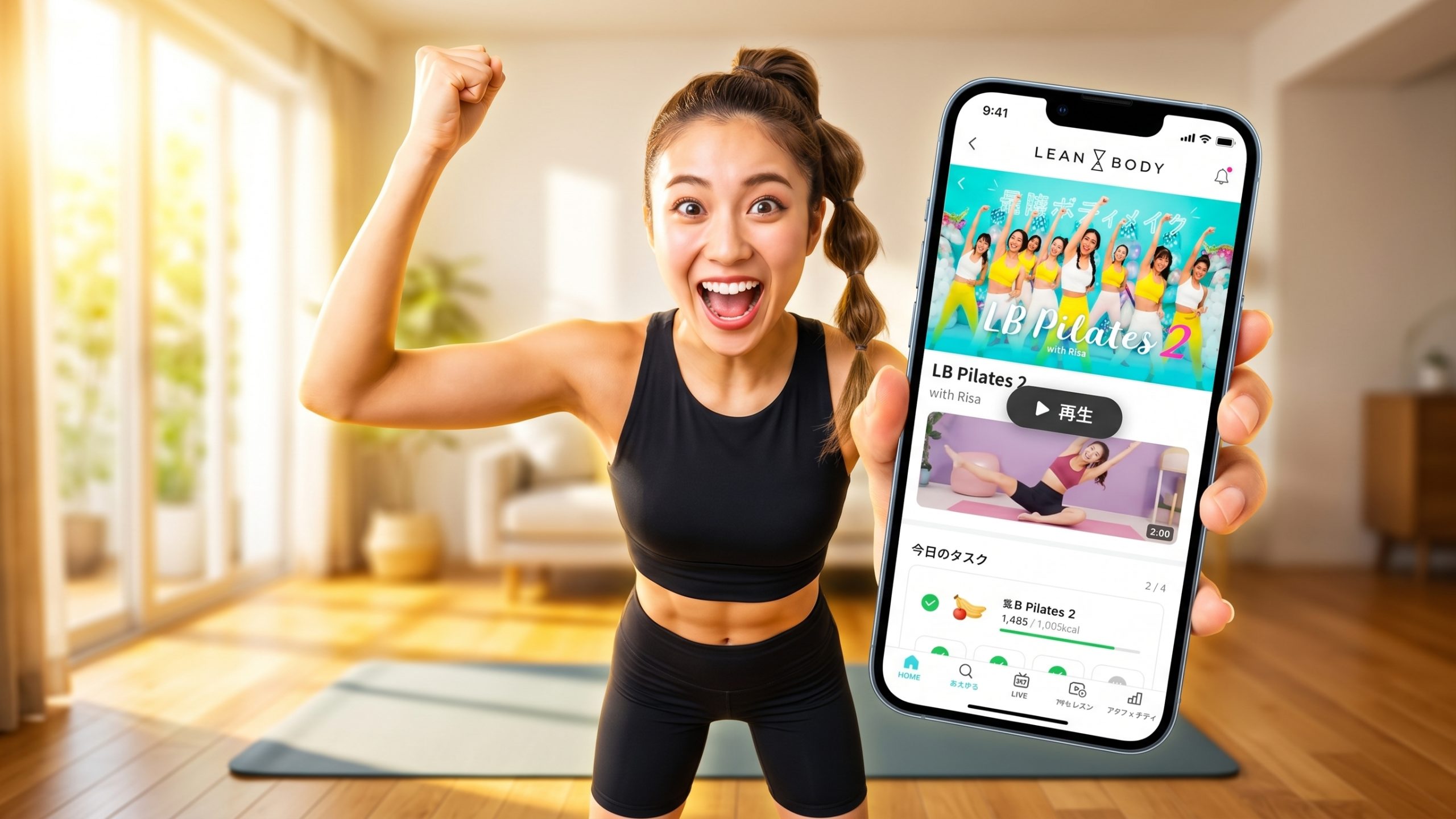 LEAN BODYアプリを掲げて驚き喜ぶトレーニングウェアの女性