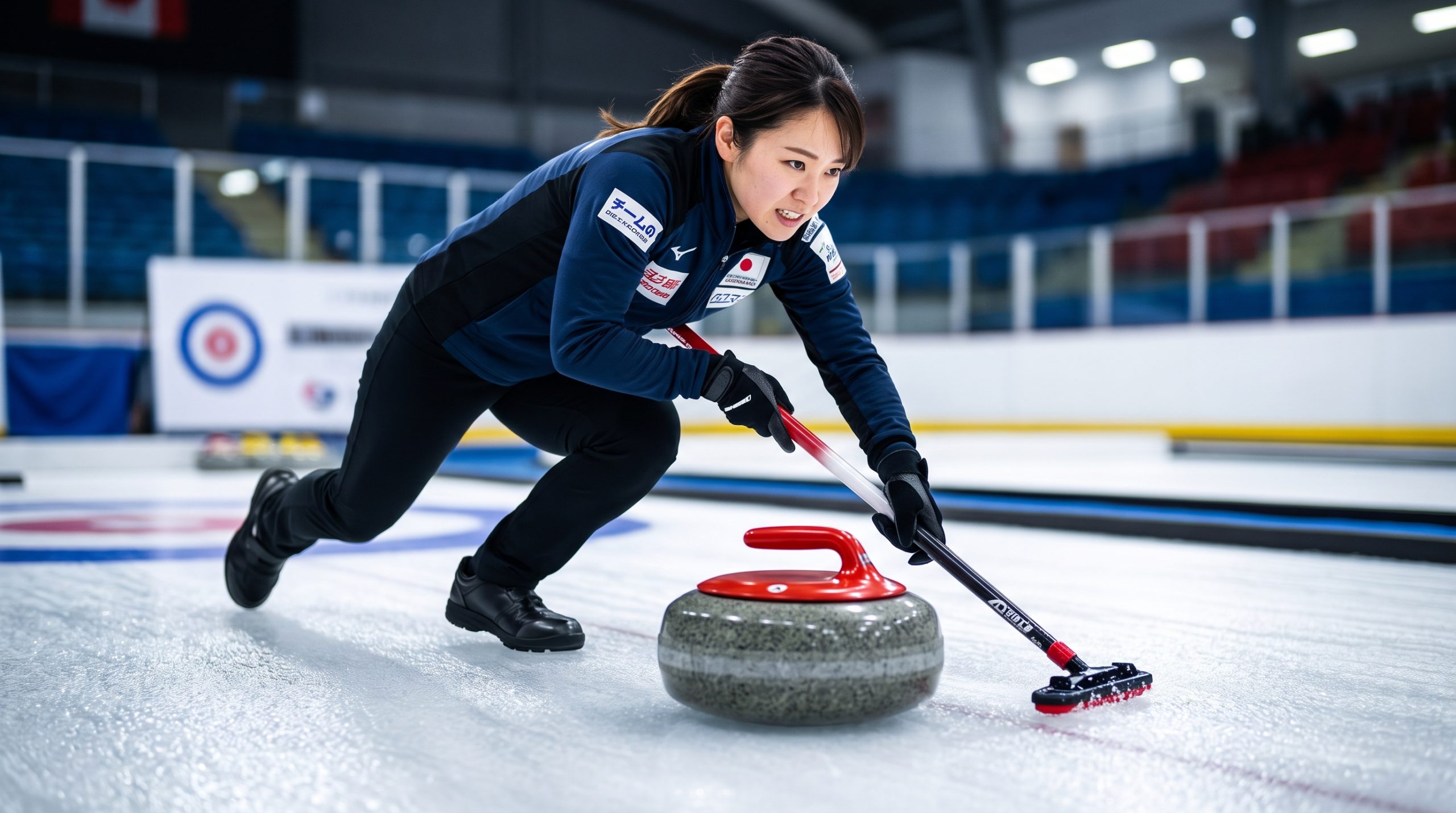 氷上でカーリングストーンの前をブラシで全力スウィーピングする日本人女性選手。