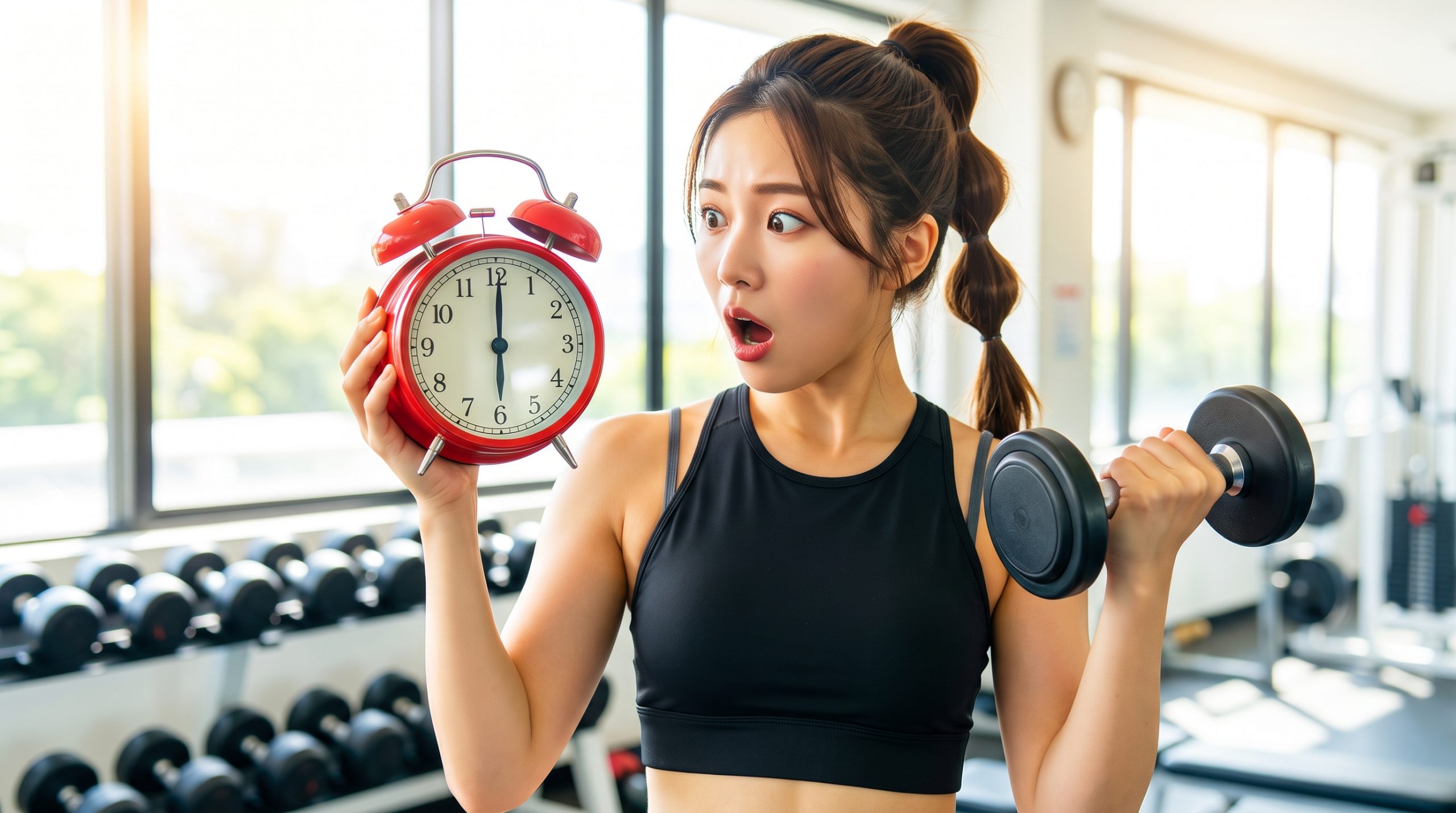 トレーニングジムで、高いポニーテールの日本人女性が、驚いた表情で「6時」を指す赤いレトロな目覚まし時計を見つめている。右手にはダンベルを肩の高さに持ち、夏の日差しが差し込む背景にはダンベルラックがぼけて見えている